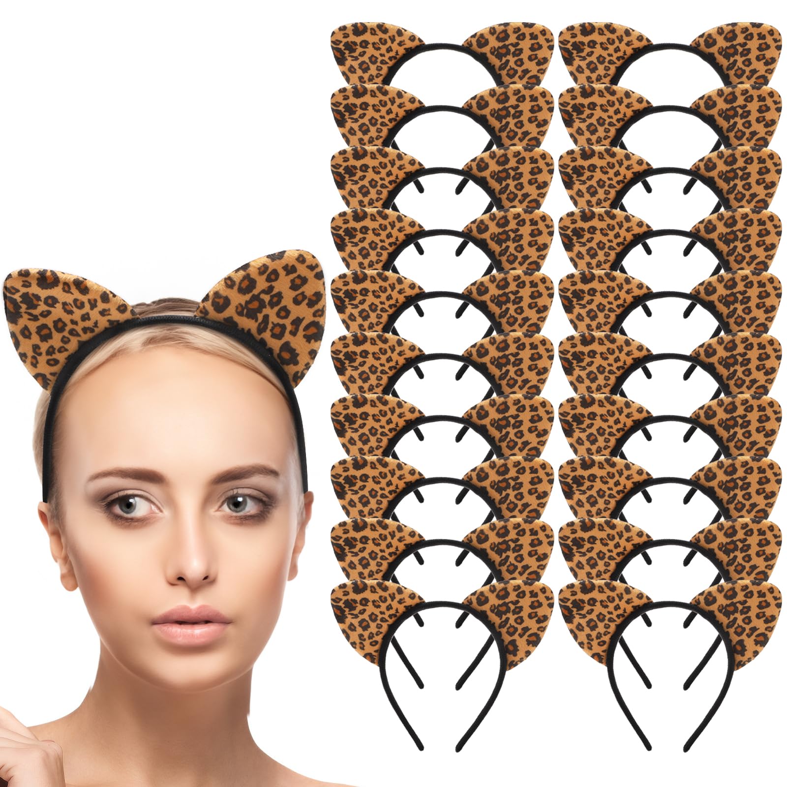 Yesland 20 Pcs Cheetah Ears Headband for Women, Leopard Cat Ears Headband Birthday Party Decorations Supplies Halloween Costume Accessory