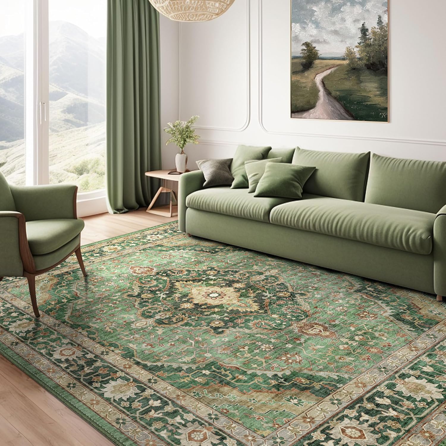 Deerly Green Rug 8x10 Area Rug for Living Room Bedroom Washable Rugs Large Boho 8x10 Rug for Dining Room Carpet Non-Slip Distressed Carpet Rugs Print