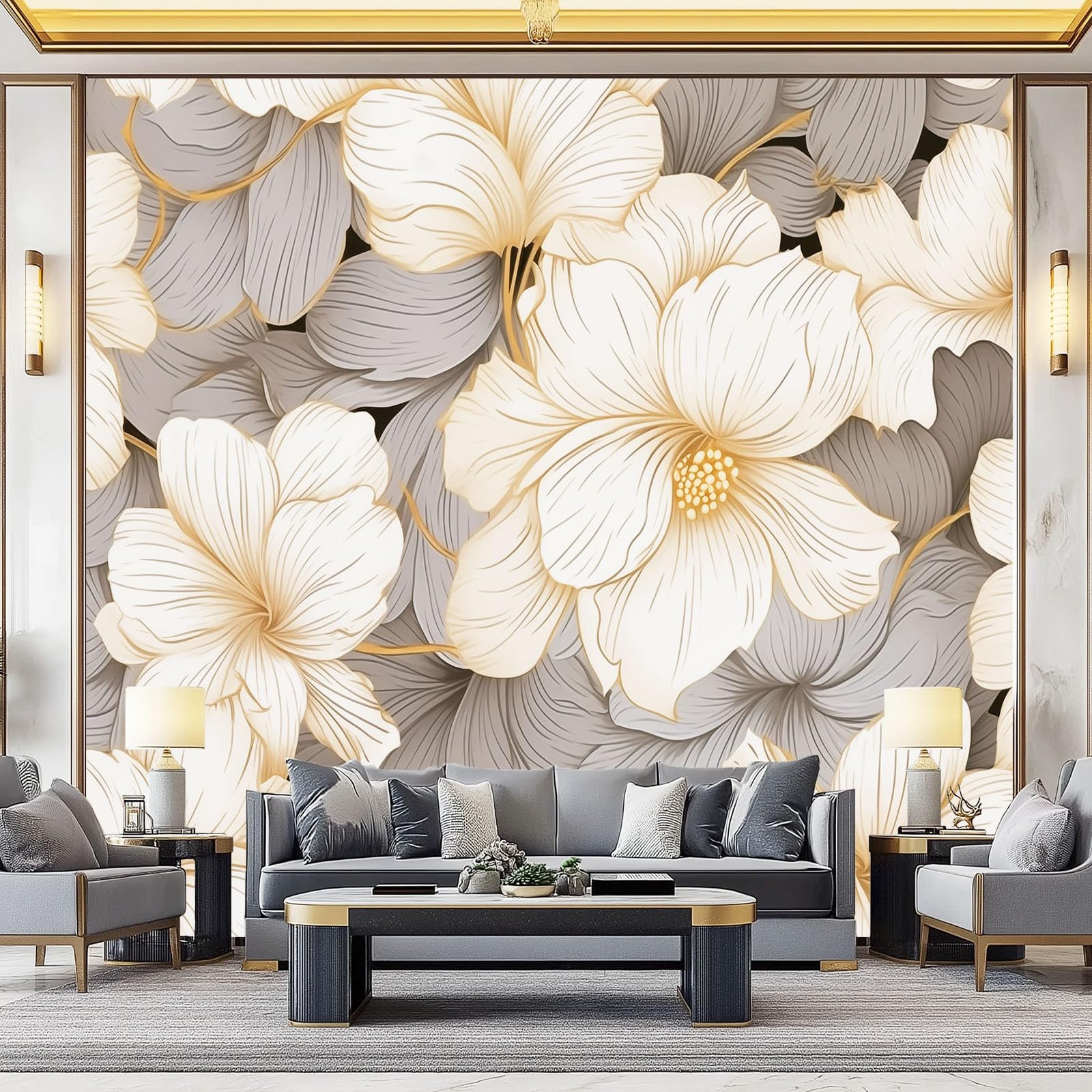 Genérico Papel Pintado Gris, Papel Pintado Tejido no Tejido Estética Líneas Patrones Florales para Salón y Dormitorio - Decoración de Pared 250 x 175 cm（WxH