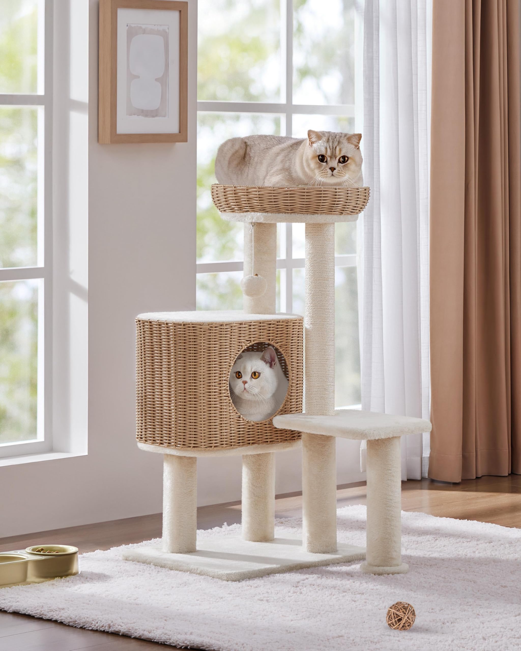 Yaheetech 36in PE Rattan Cat Tree with Big Perch, Breathable Woven Condo, Extra Long Sisal Scratching Post, Washable Cushion, Natural Cooling Design for Indoor Large Kittens, Beige
