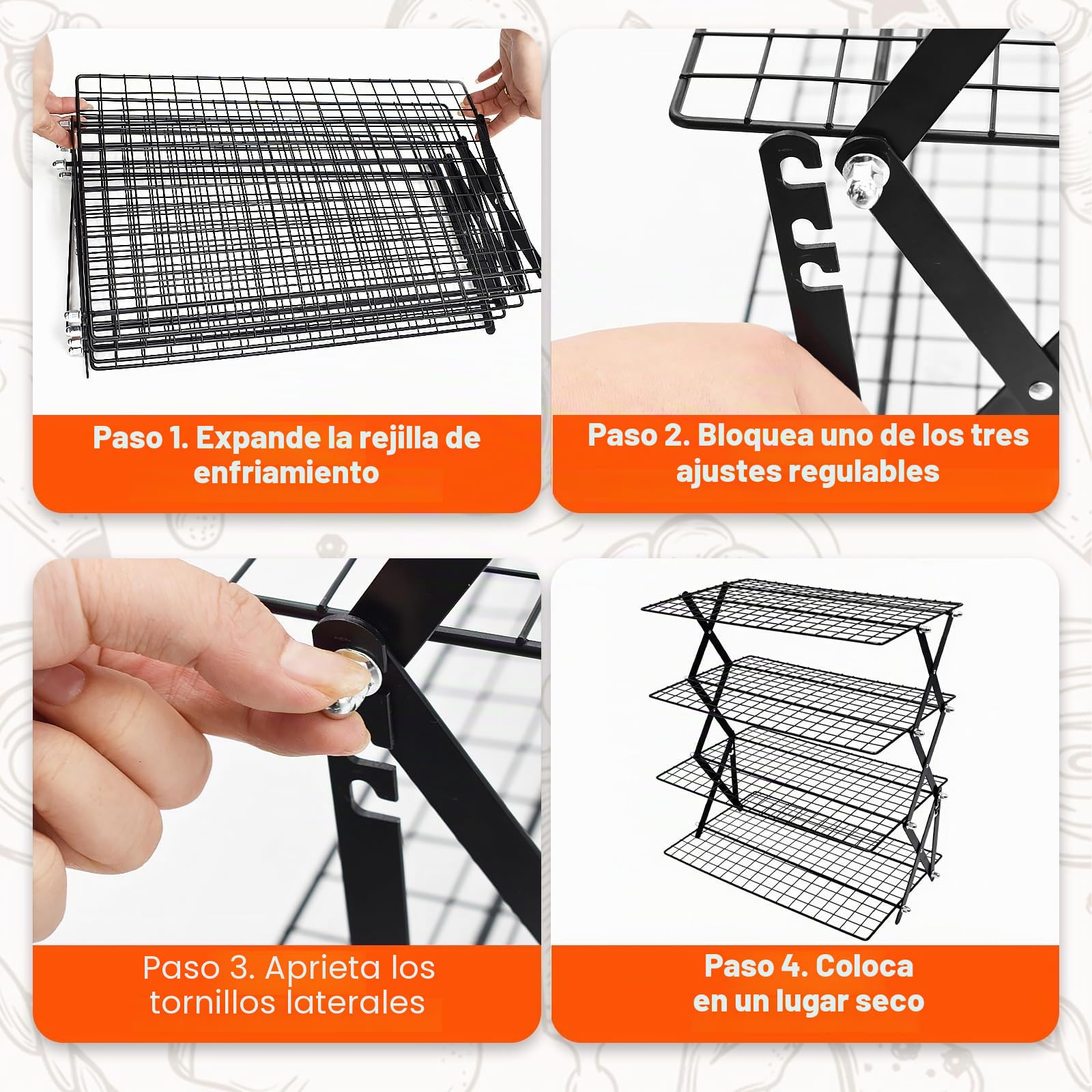 Rejilla de Enfriamiento Plegable de 4 Niveles, Rejilla Enfriar Reposteria para Bizcochos Resposteria Pizzas Galletas Pan, Bandeja con Rejillas, 3 Niveles de Ajuste de Altura, 43 x 24,5cm,Negro