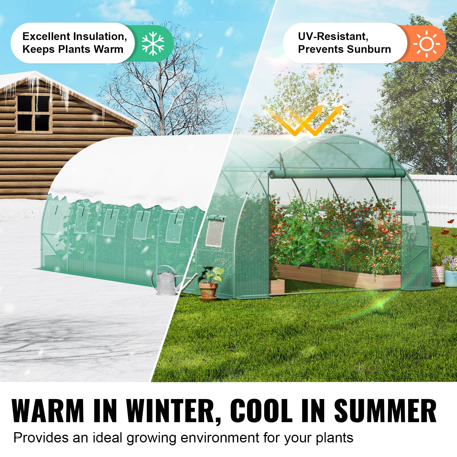 VEVOR Invernadero Túnel 590x295x198 cm Carpa Refugio para Plantas con Estructura de Acero Galvanizado Cubierta de PE Puerta Enrollable con Cremallera 12 Ventanas para Cultivo de Verduras Flores, Verde