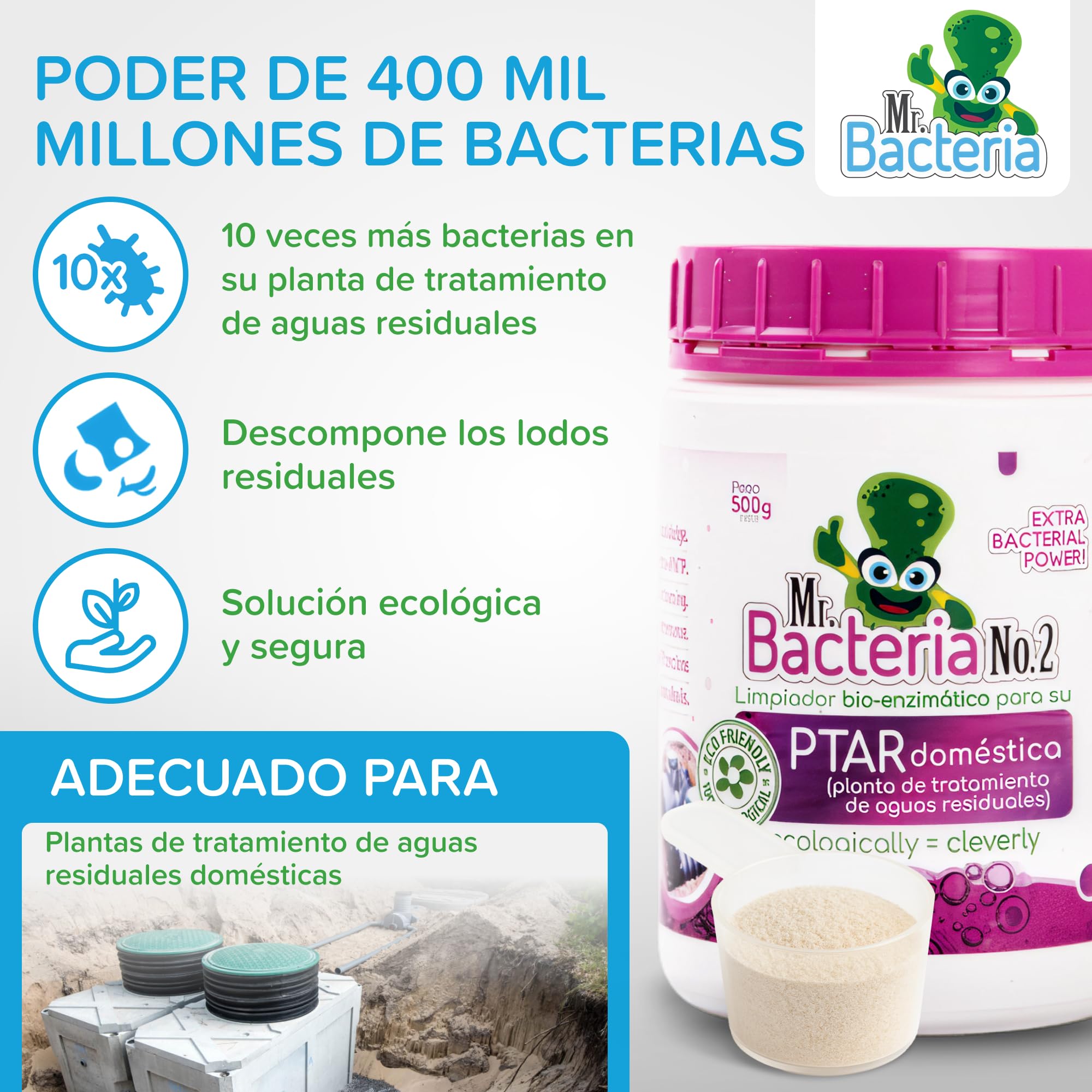 Mr. Bacteria No. 2. Activador para su PTAR DOMÉSTICA - Planta de Tratamiento de Aguas RESIDUALES domésticas sin olores ni formación de espuma 500 g (1)