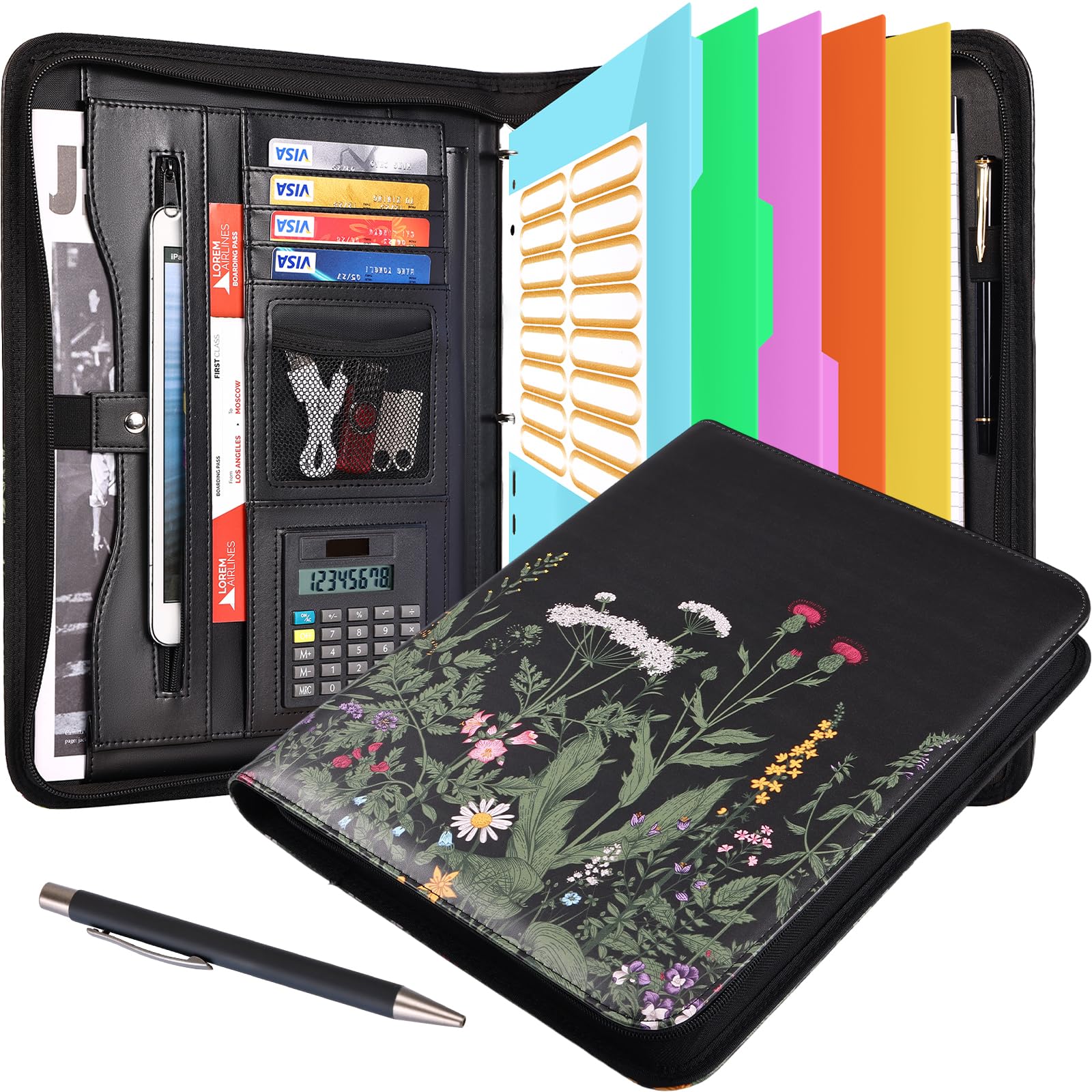 Eshow padfolio Portfolio Binder - 3 Ring Binder with Zipper, Vegan Leather