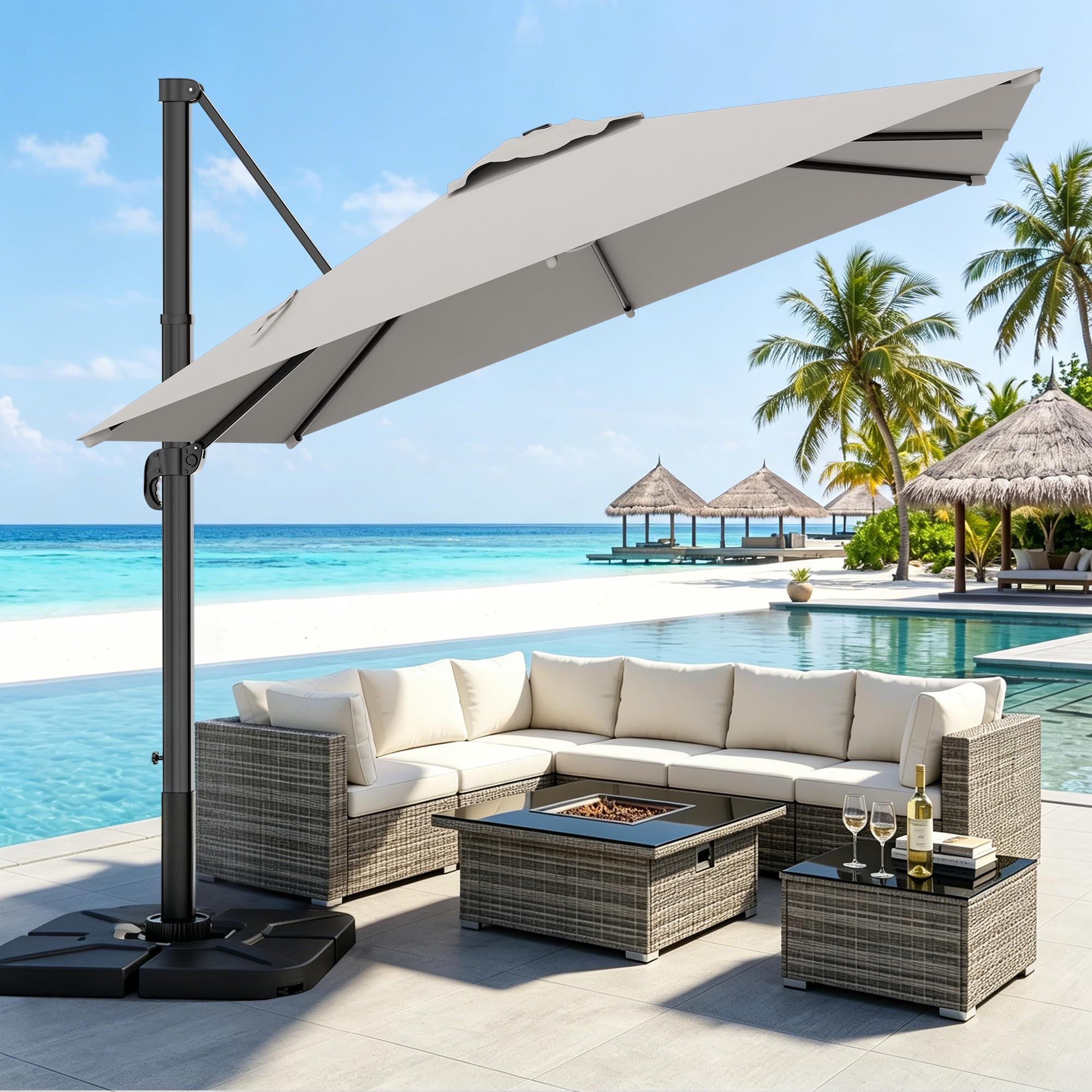 AreShark 10 × 10FT Square Cantilever Patio Umbrella with Base Included, 360° Rotation Offset Outdoor Umbrella, 5 Tilt Settings Heavy Duty Hanging Parasol for Deck Garden Pool, Light Grey