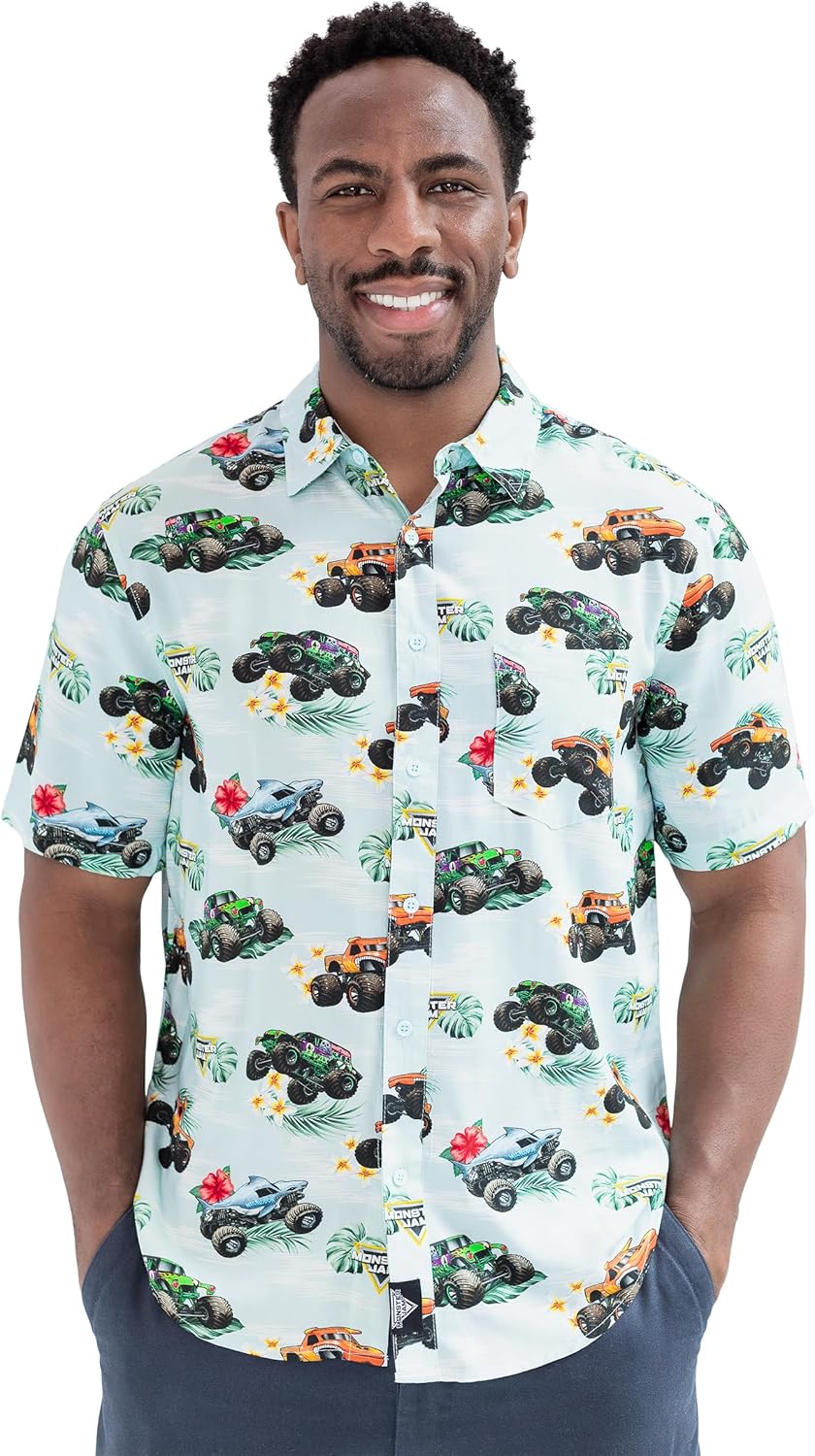 Monster Jam Matching Family Hawaiian Button Down Shirt Toddler to Adult Grave Digger El Toro Loco Megalodon