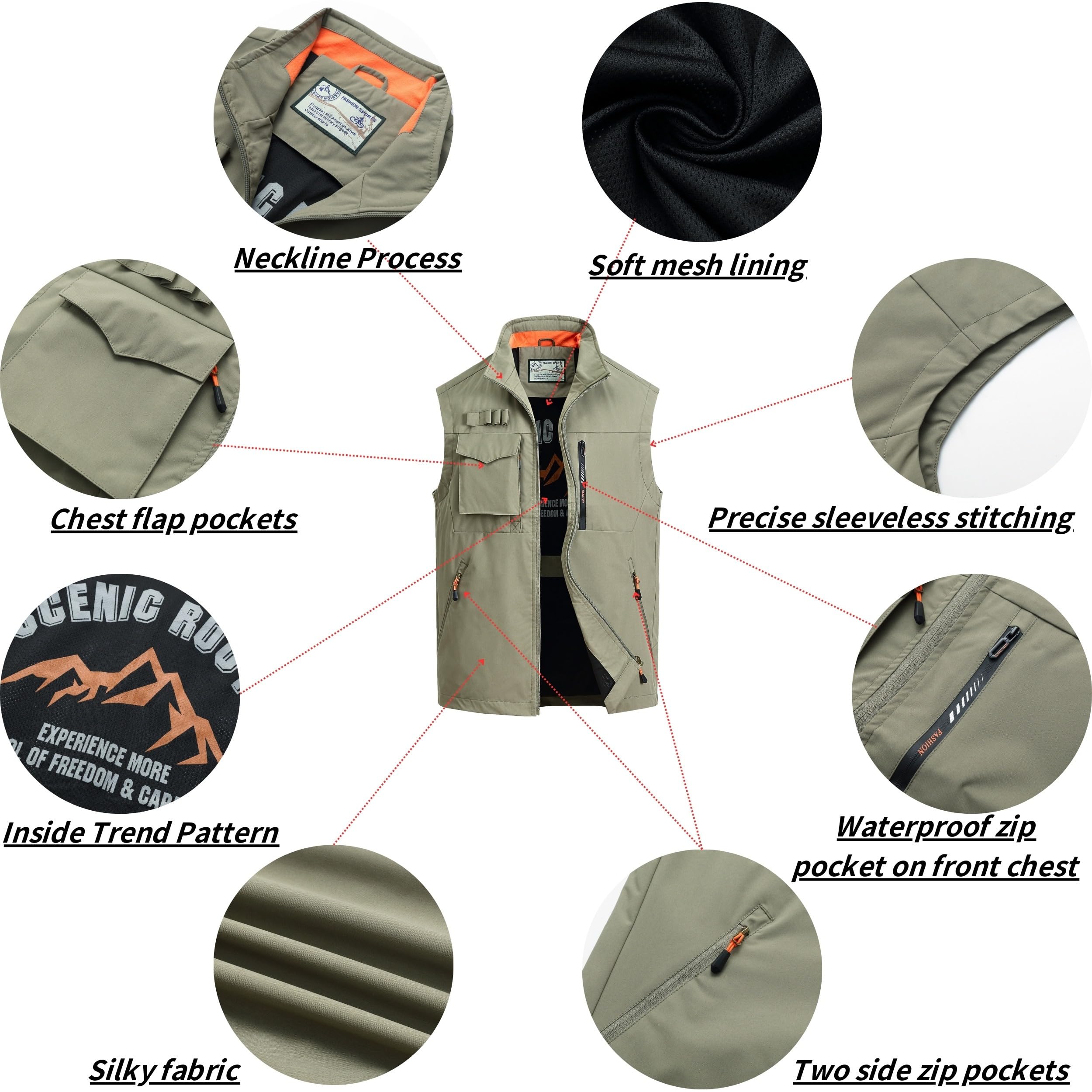 Homme Gilet de Pêche De Plein air Multi-Poches Gilet Léger Loisirs Gilets Campingà Séchage Rapide Gilet Photographie Sans Manches Veste De Sport