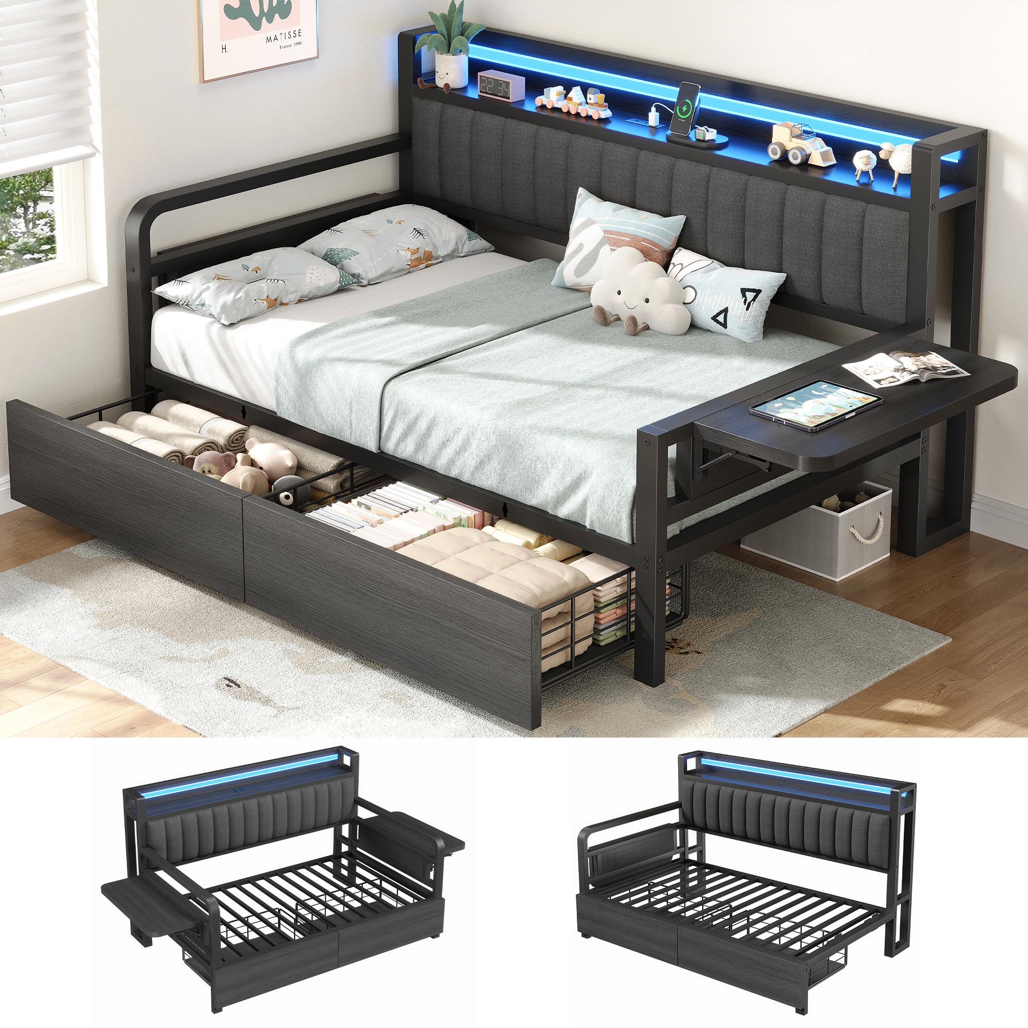 Photo 1 of **BOX 2 OF 2, MISSING BOX 1** Jocoevol Twin Corner Bed Frame with Storage Drawers and LED Light, Heavy Duty Metal Daybed with Upholstered Storage Headboard & Charging Station, Twin Size Day Bed for Kids Teens Guests, Black
