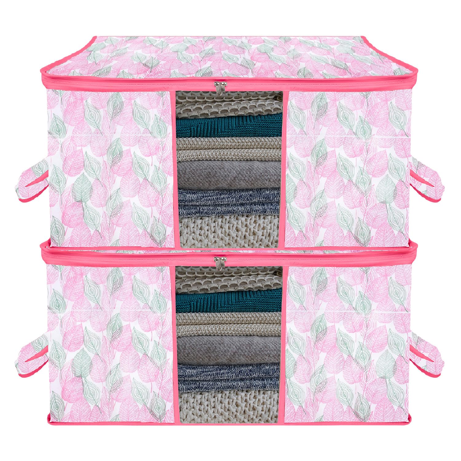 Kuber Industries Underbed Storage Bag | Flower Patta-Design Blanket Cover with Clear Window | Zipper Closure & Handle Cloth Organizer | Large | Pack of 2 | Pink-picture-25