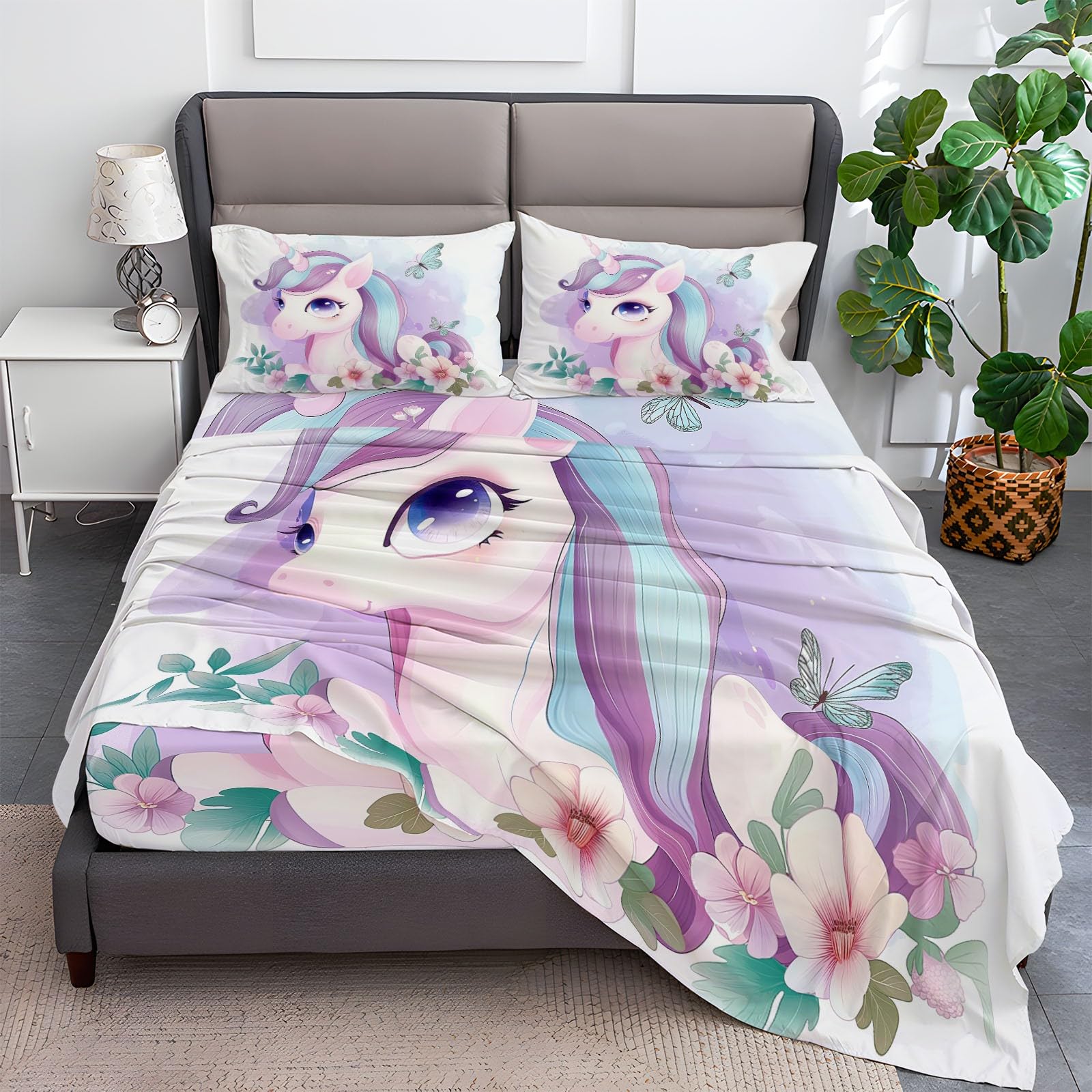 Fitted Sheet Full Size Bedding Set for Kids Girls Women Men Room Decor, Soft Microfiber & Deep Pocket & Wrinkle Free Cartoon Unicorn Flowers Bedding Sheets, Mauve