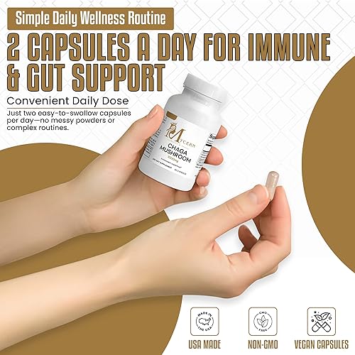 Miniatura 5 de Cápsulas de hongos Chaga, 60 cápsulas veganas, polvo de micelio orgánico estandarizado al 40% de polisacáridos, suplemento de apoyo inmunológico y