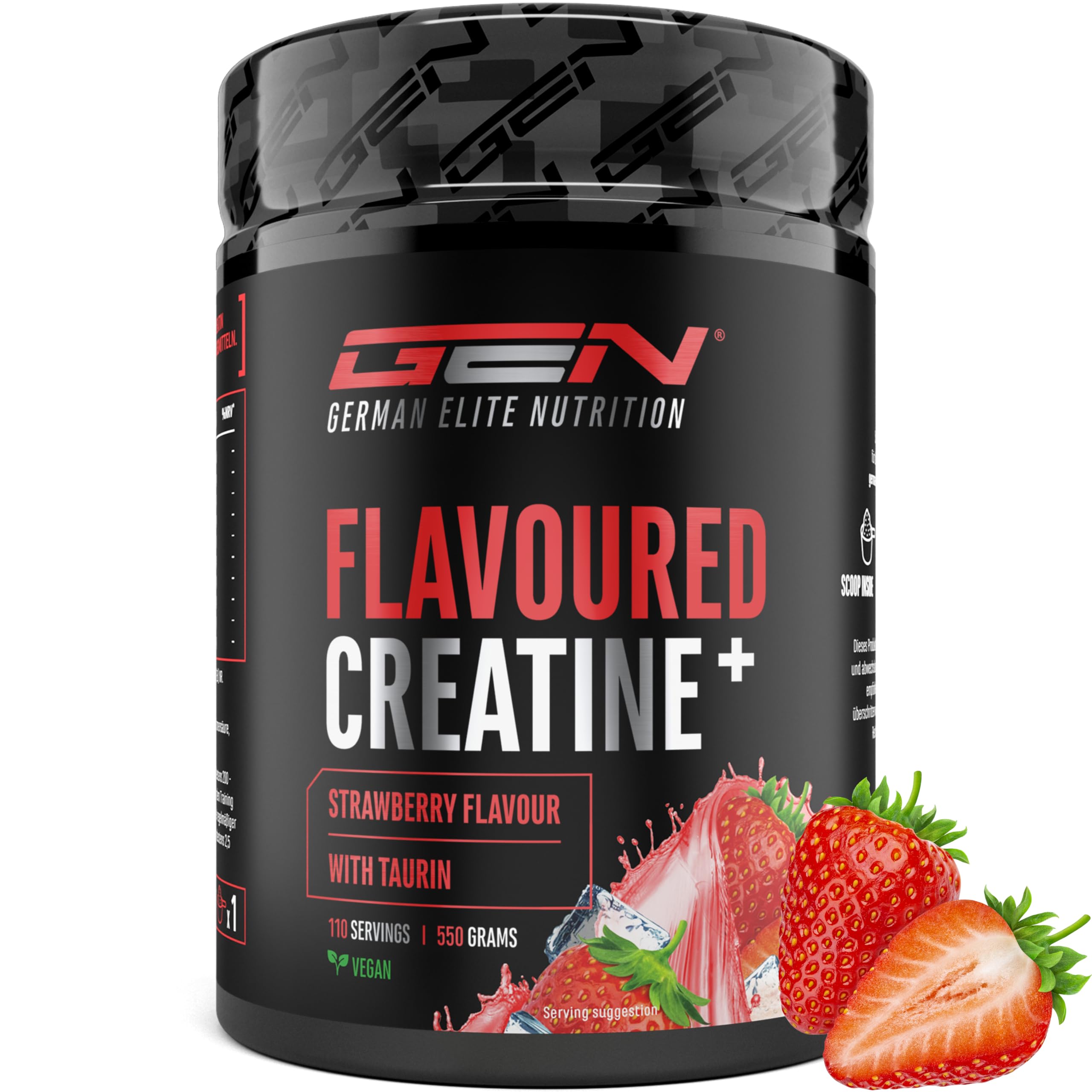 Flavoured Creatine Pulver - 550g - Creatin Monohydrat + L-Taurin - Mikronisiertes Kreatin mit Geschmack - Ohne Zucker & Top Löslichkeit - Vegan (Strawberry)