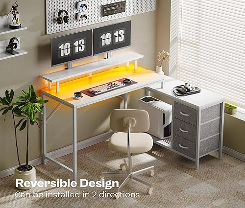 Miniatura 7 de Huuger Escritorio reversible en forma de L para computadora con cajones, escritorio para juegos con luces LED y tomas de corriente, escritorio de