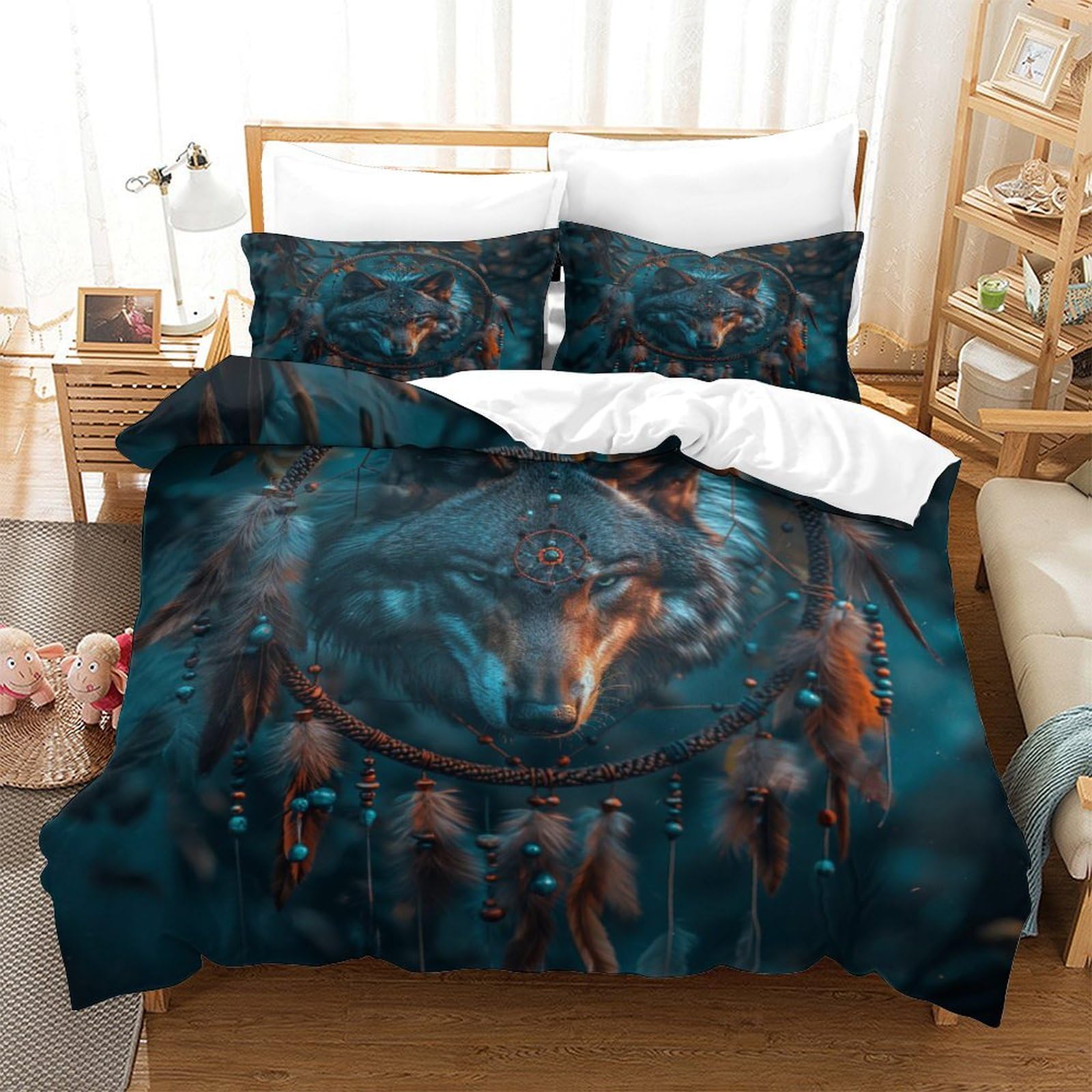 P1S9U7W5Y 3D Printed Wolf Dreamcatcher Duvet Cover Set 3 Pieces Soft Microfiber Bedroom Decor Wolf Design Bedding Set for Adults Teens King（220x240cm）
