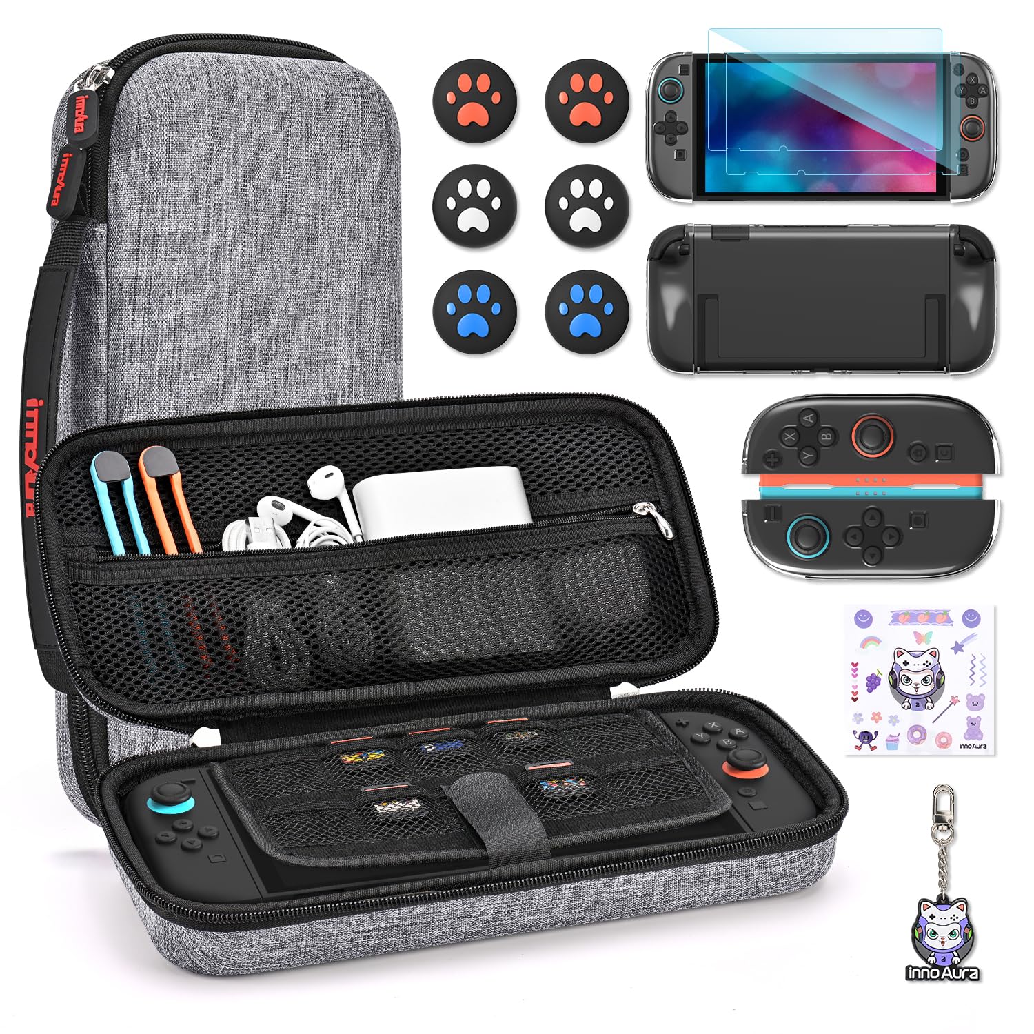 innoAura 14 in 1 Custodia Switch 2 per NS Switch 2 (2025), Switch 2 Case con Custodia da Trasporto, Cover Protettiva, Grip per Levette, Pellicola Protettiva, Ciondolo Carino e Adesivo, Grigio