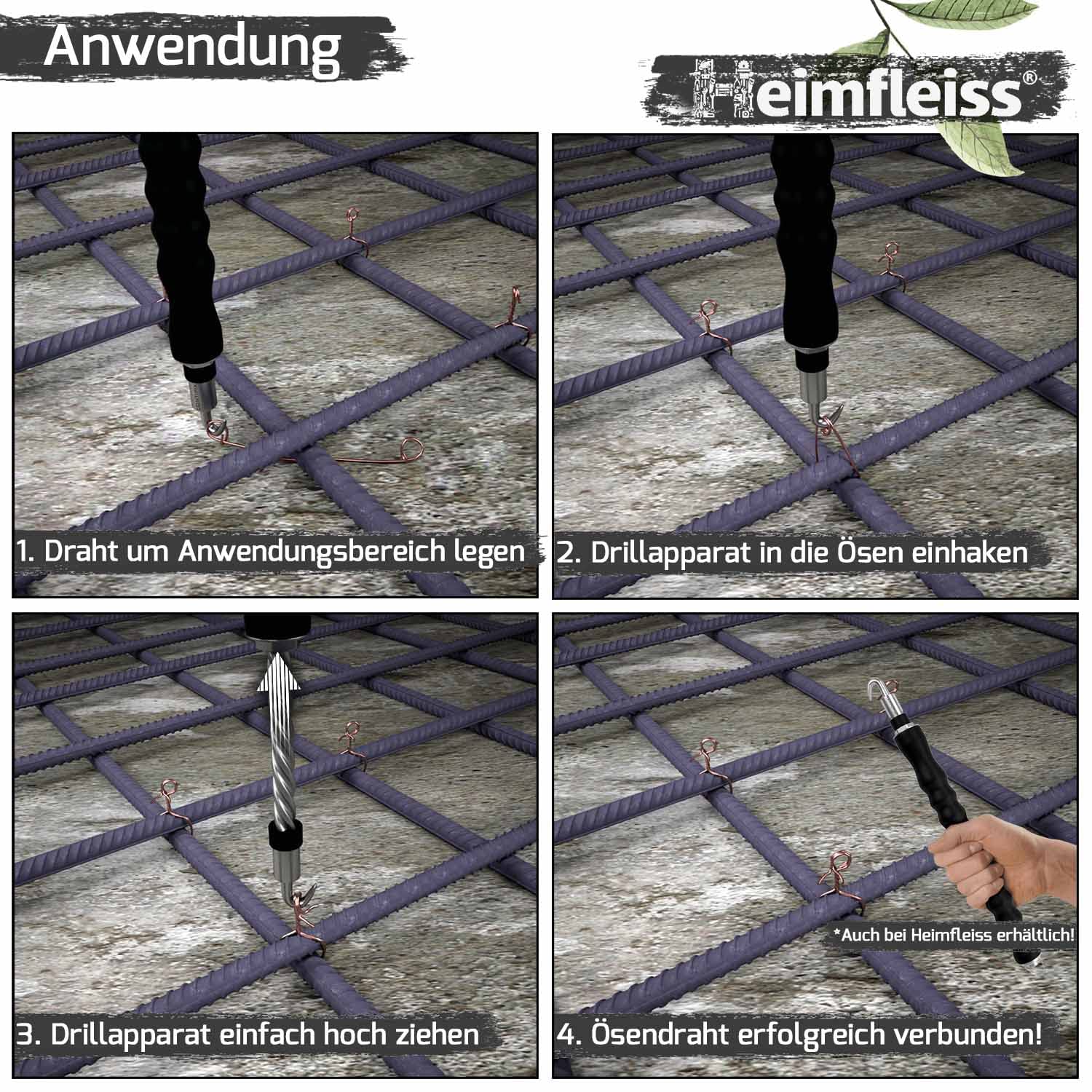 Heimfleiss® Rödeldraht Betonbindedraht 1,4 mm grün ummantelt (1000 Stk) | Rostfreier Ösendraht & Drilldraht für Drillapparat & Rödelzange | PVC-ummantelt, stabil | für Moniereisen, Bau & Garten