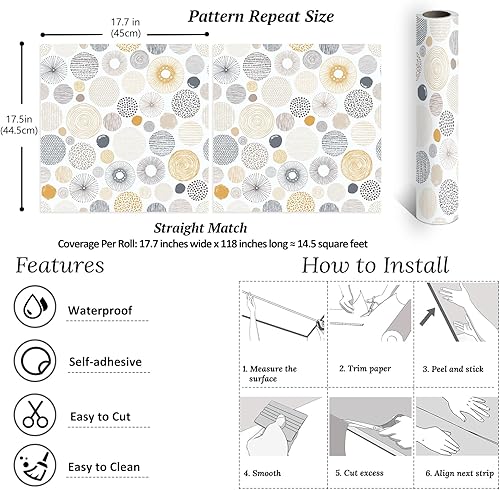 Miniatura 6 de VEELIKE Papel tapiz geométrico bohemio con círculos abstractos, para despegar y pegar, para dormitorio, cuarto de bebé, baño, 17.7 x 118 pulgadas,