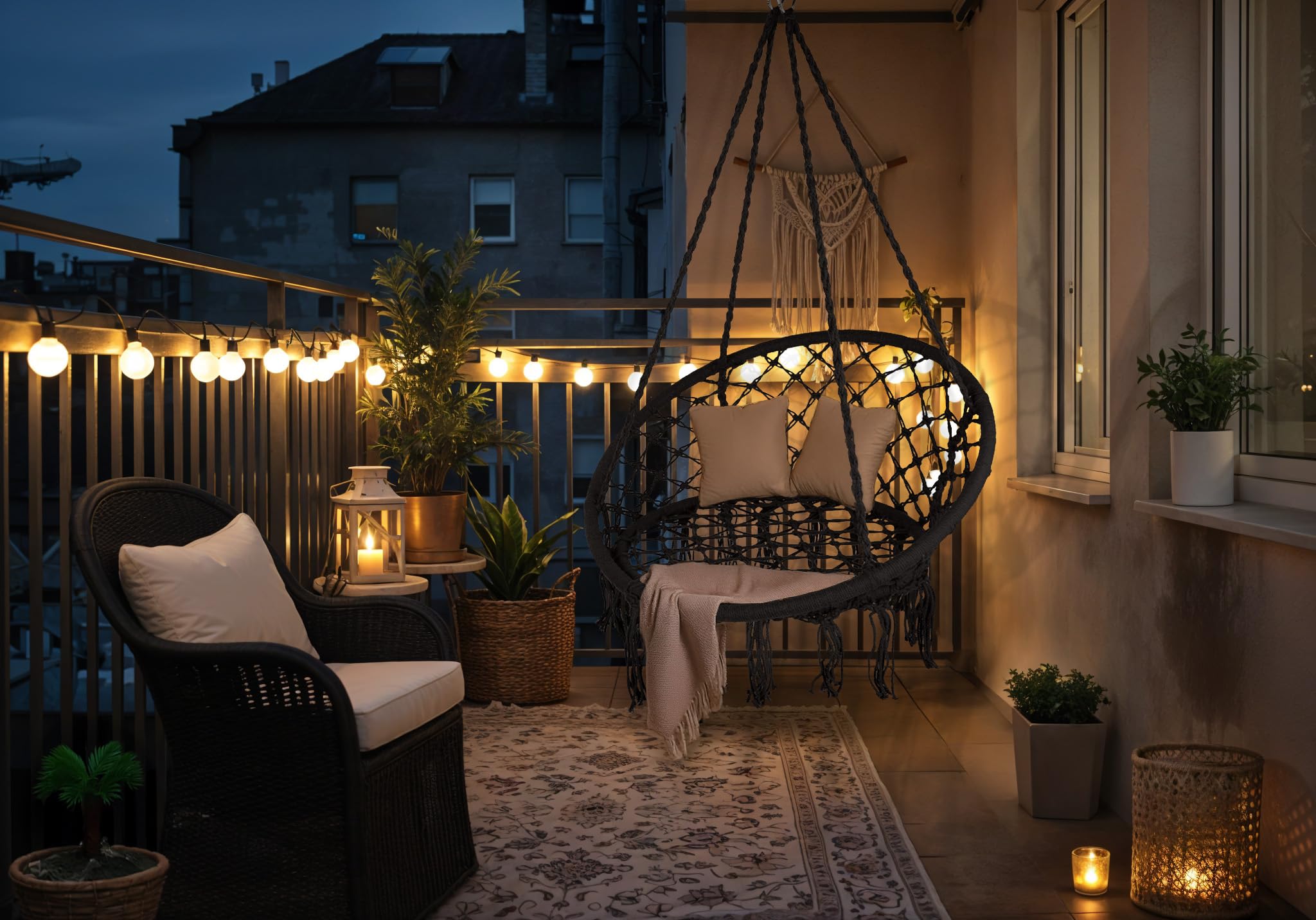 Poltrona Sospesa Boho Corda Macramè Nera 150 kg Seduta Ergonomica Sedia Amaca Rotazione 360°