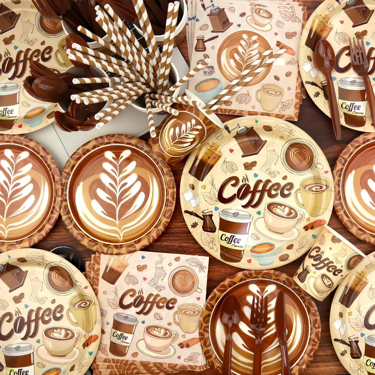 Coffee Birthday Decorations, Coffee Party Decoration, Plates Cups Napkins Tablecloth Happy Birthday Backdrop Balloon Cake Toppers for Coffee Themed Party Supplies, Serves 20