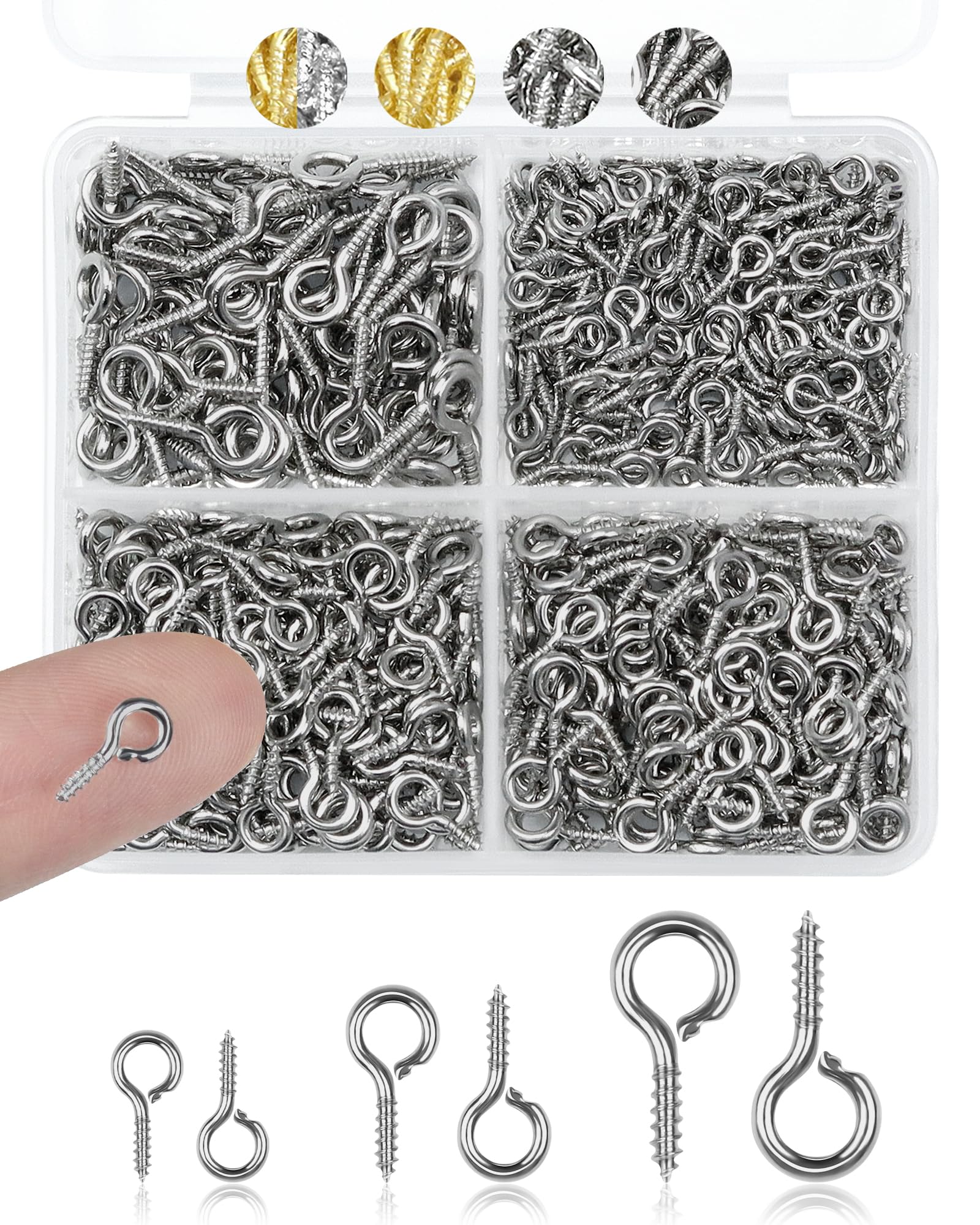 320pcs FIVEIZERO Stainless Steel Small Screw Eye Pins for Jewelry Making & DIY Crafts, Mini Eyelet Screws for Art Projects & Bead Charms, Tiny Eye Hooks & Screw Eyes for Crafts (Silver,3 Sizes)