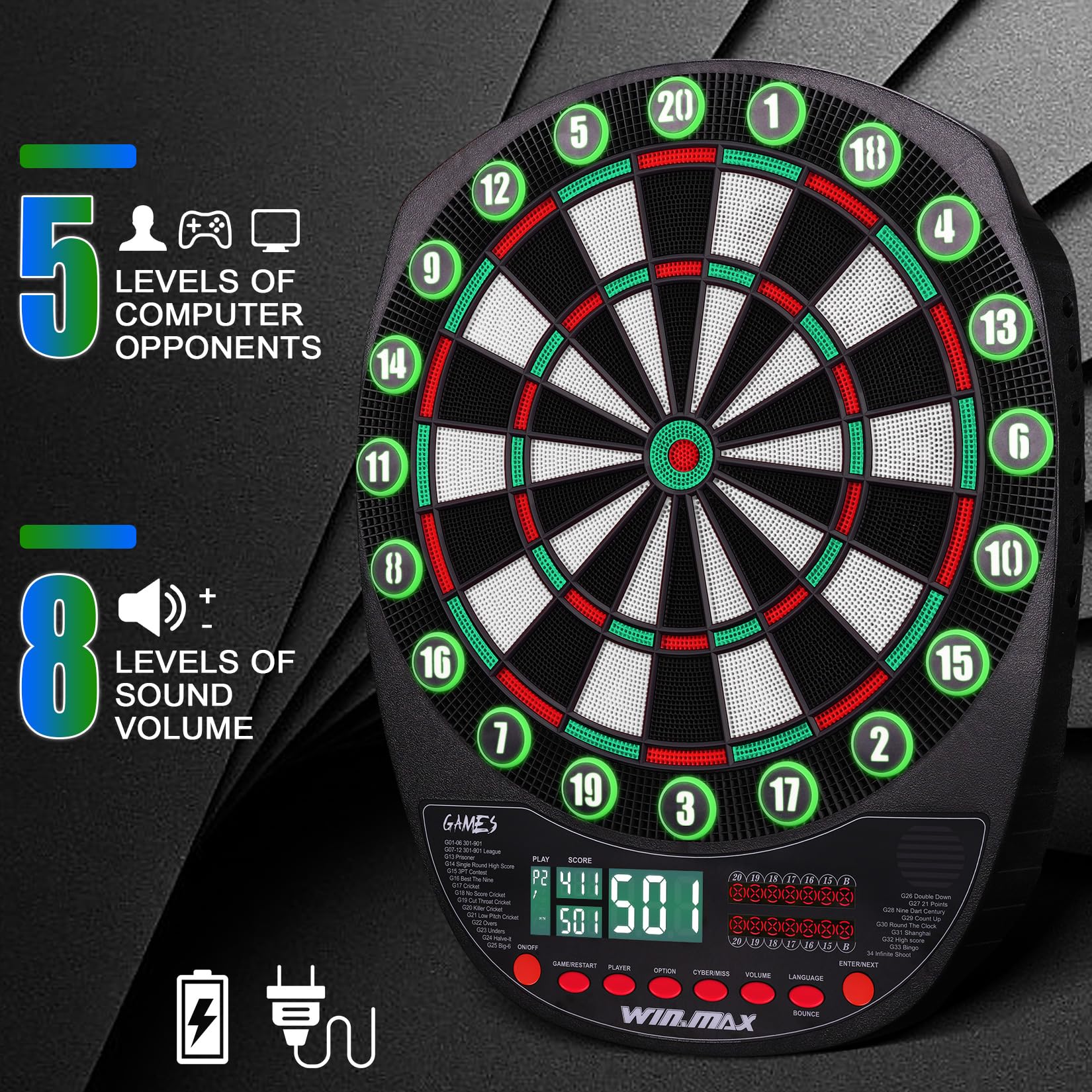 Bersaglio elettronico professionale 34 giochi 354 varianti 3 lingue tedesco inglese francese 1-8 giocatori 12 freccette