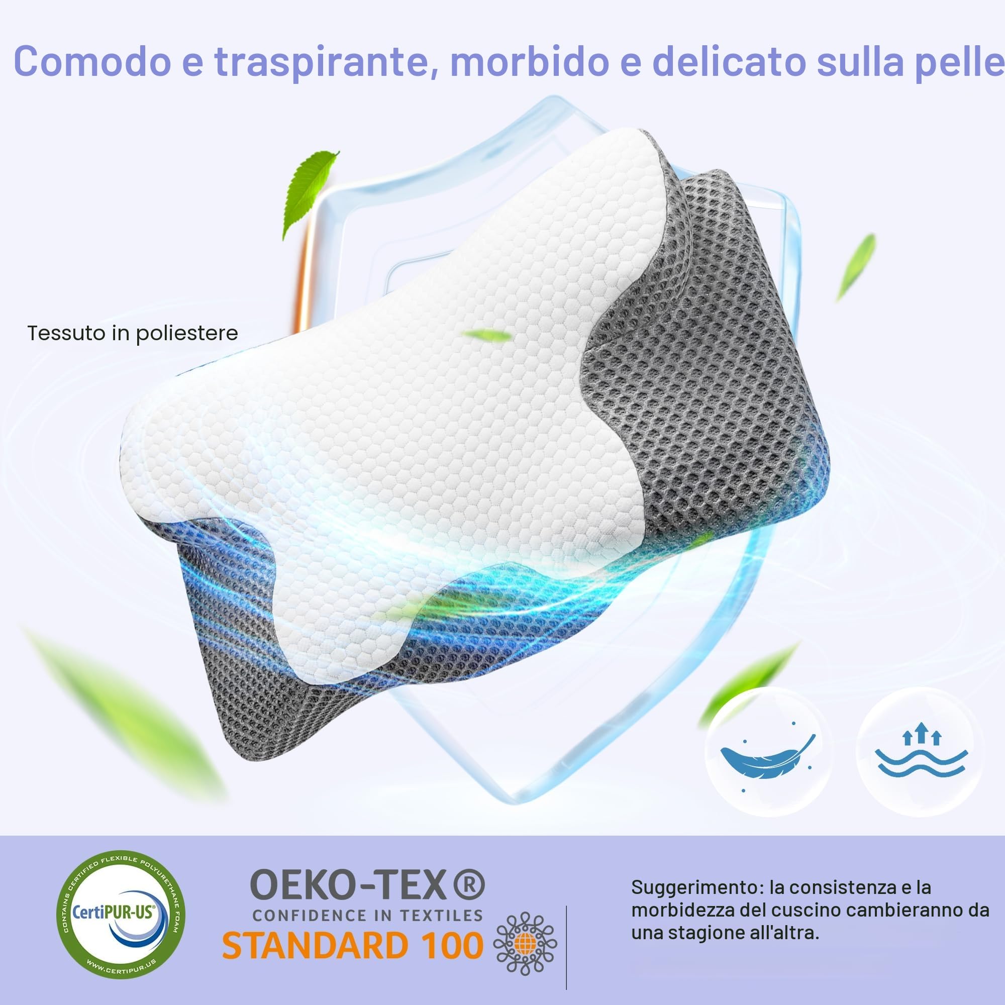 YunNasi Cuscino Cervicale Per Dormire Memory Foam 60 * 34 * 13/10cm | Cuscino Ergonomico, Supporto per Collo e Spalle, Federa Sfoderabile e Lavabile, Traspirante