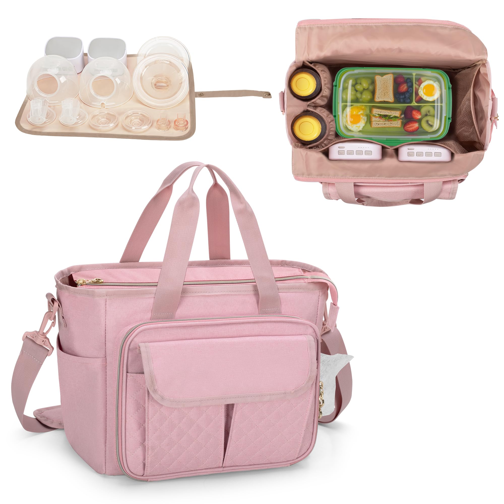 Luxja Large Wearable Breast Pump Bag with a Waterproof Mat for Wearable Breastfeeding Pump Carrying Tote Bag with Multiple Pockets for Hands Free Breast Pump and Extra Parts Pink