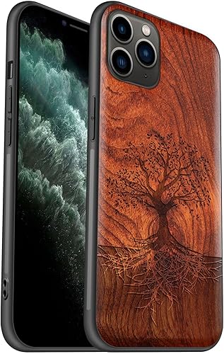 Carveit Funda de madera para iPhone 11 Pro Max madera real dura y TPU suave negro a prueba de golpes, protector de teléfono de madera único