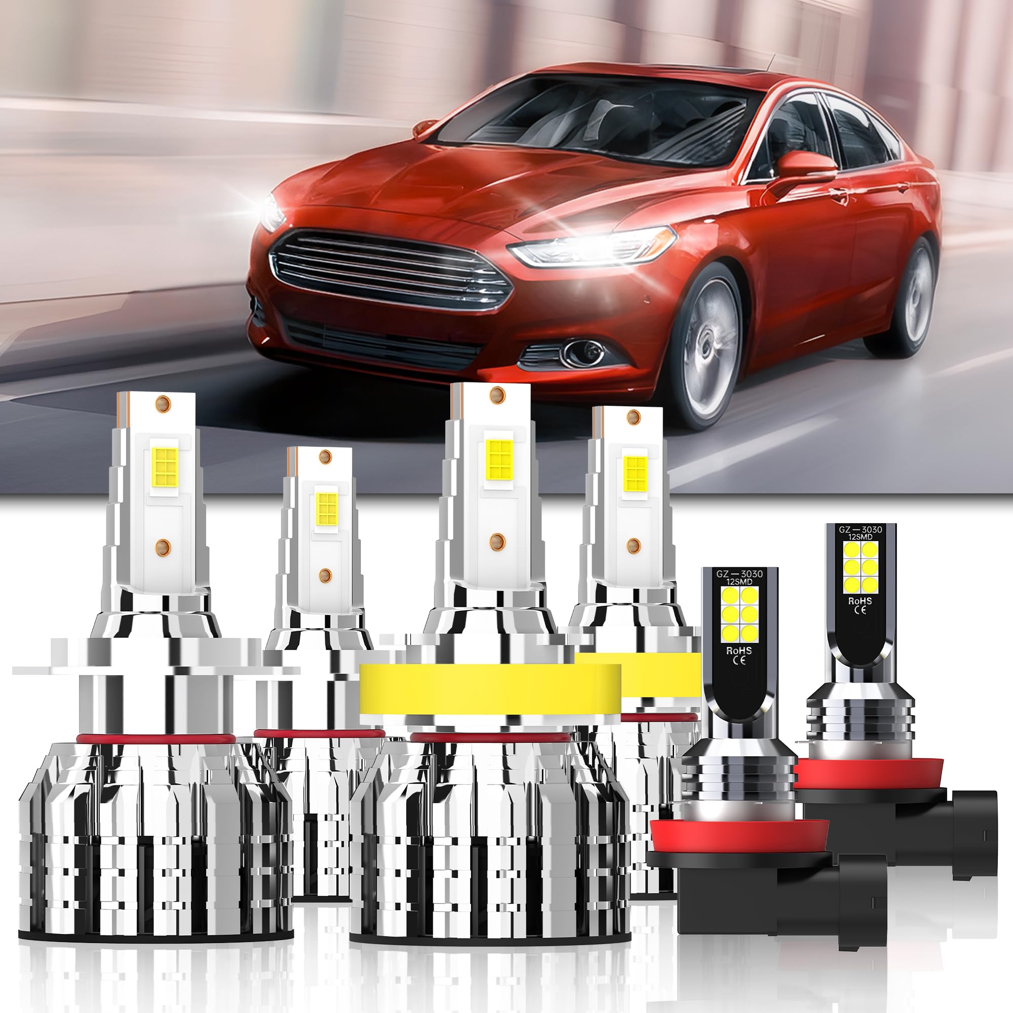 LED Headlight Bulbs Compatible with Ford Fusion 2006-2018, H7 High Beam Bulbs+ H11/H8/H9 Low Beam Bulbs + H11/H8/H9 Fog Kit-6 PCS