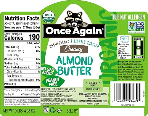Miniatura 2 de Once Again Mantequilla cremosa de almendras orgánica, cubo de 9 libras (igual que 9 frascos), ligeramente tostada, sin sal, sin azúcar, orgánica