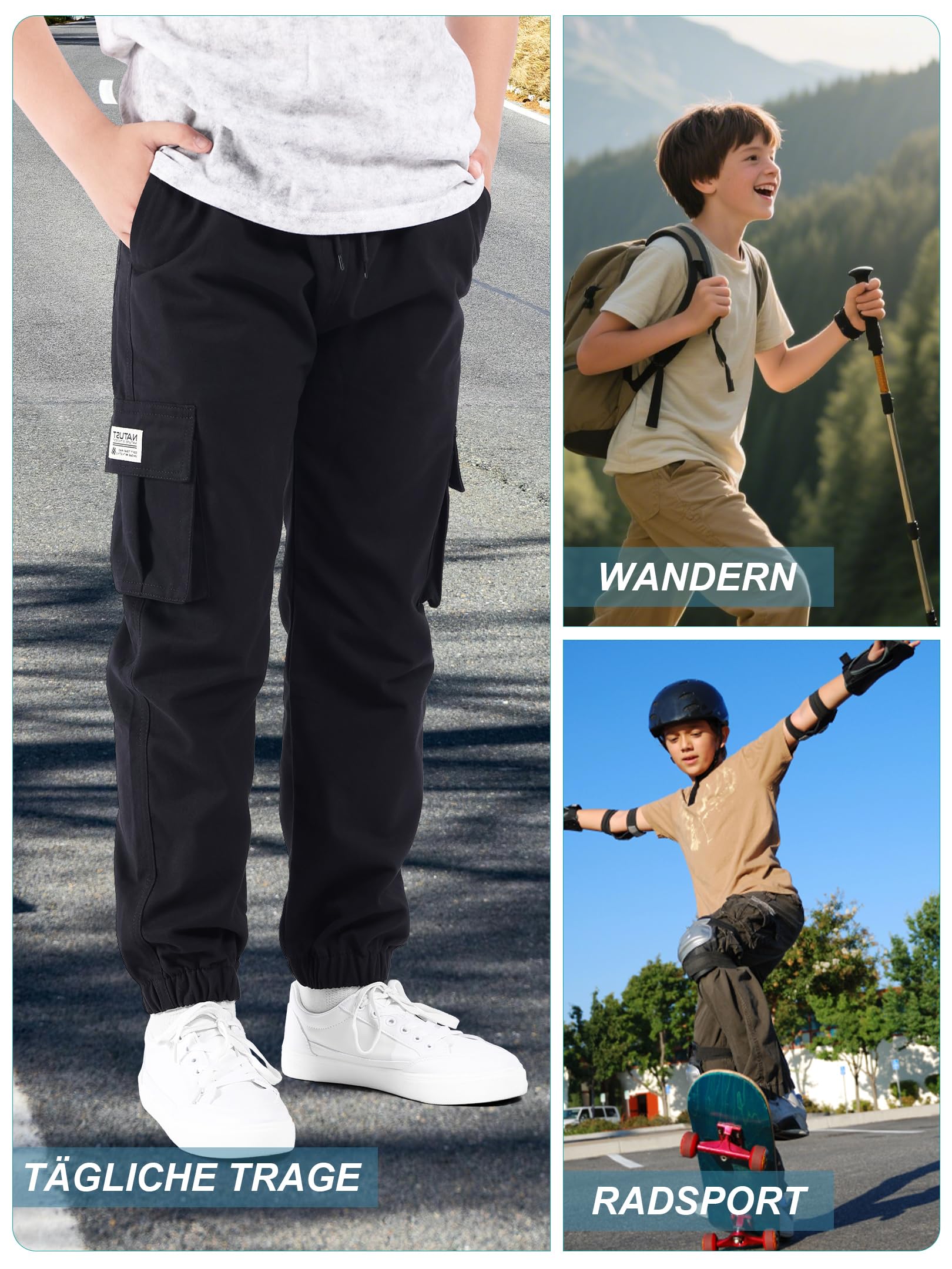 NATUST Jungen Cargohose Kinder Freizeithose mit Elastischem Bund