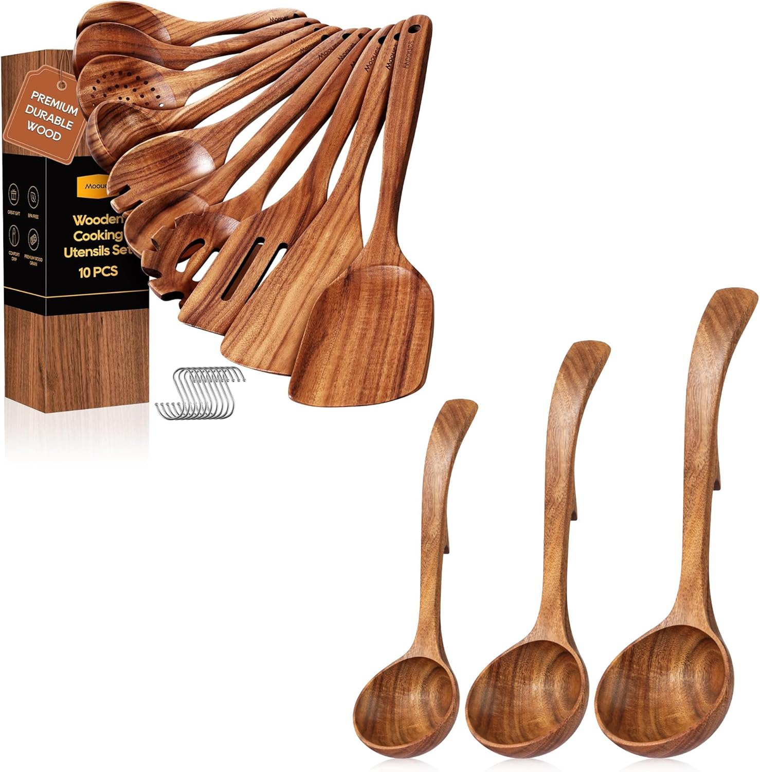 Wooden Spoons for Cooking, Teak Wood Cookware Utensil Set, Wooden Ladle for Soup Teak Wood Ladle Spoon with Back Hooks, Heat Resistant Cooking Utensils Set