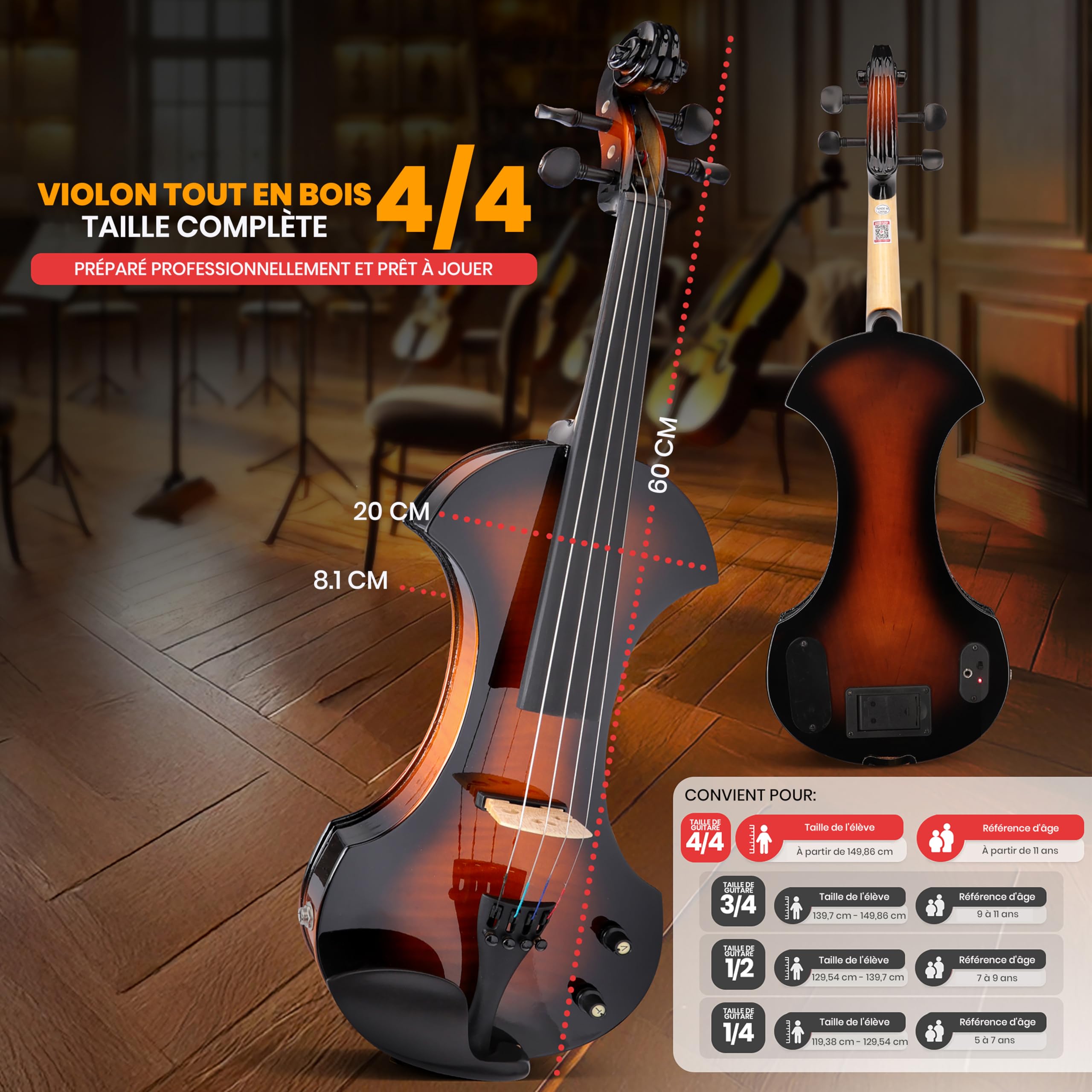 Pyle Violon 4/4 Adulte Électronique Silencieux avec Kit Amplificateur – Violon en Bois Massif avec Amplificateur 10W et Accessoires Complets-Instrument à Cordes Orchestral Taille Complète