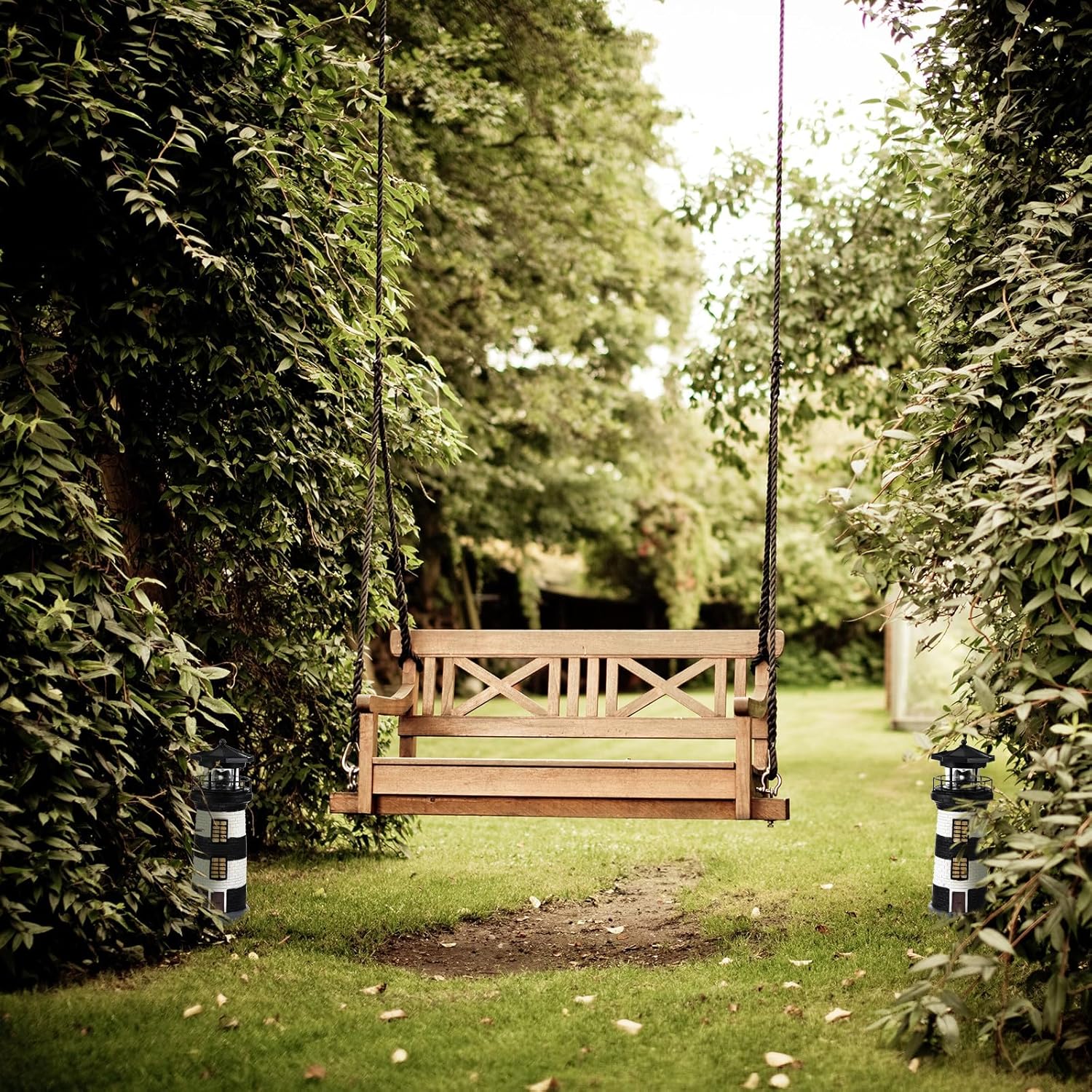 Solar Garden Lighthouse Decorative Outdoor Light for Patio Yard Courtyard, Black and White Solar-Powered Lamp with Weather-Resistant Design