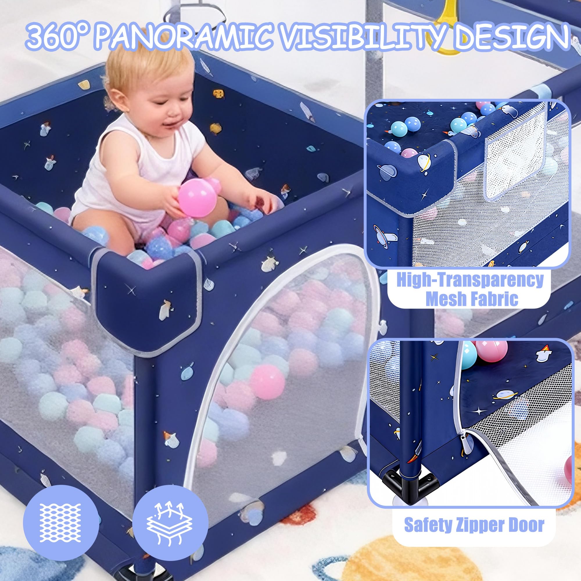 Verdego Laufstall Baby 130 x 130 x 66 cm, Laufgitter Baby, Laufstall Faltbar mit Zugringen, Bällen, 210D Oxford, Atmungsaktivem Netz, Sicherheitsspielplatz Schutzgitter für Kinder (Tiefblau)