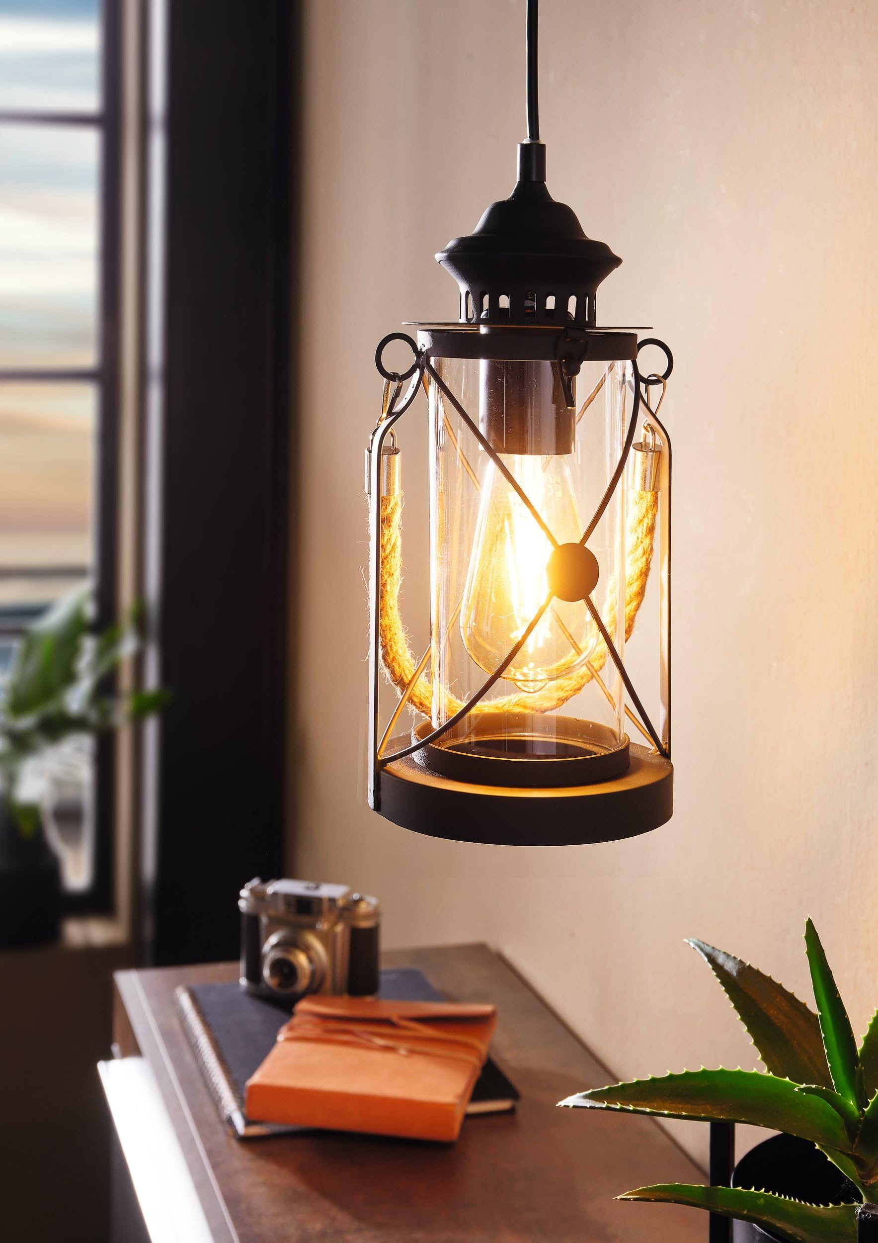 EGLO Pendellampe Bradford, 1 flammige Vintage Pendelleuchte, Laterne