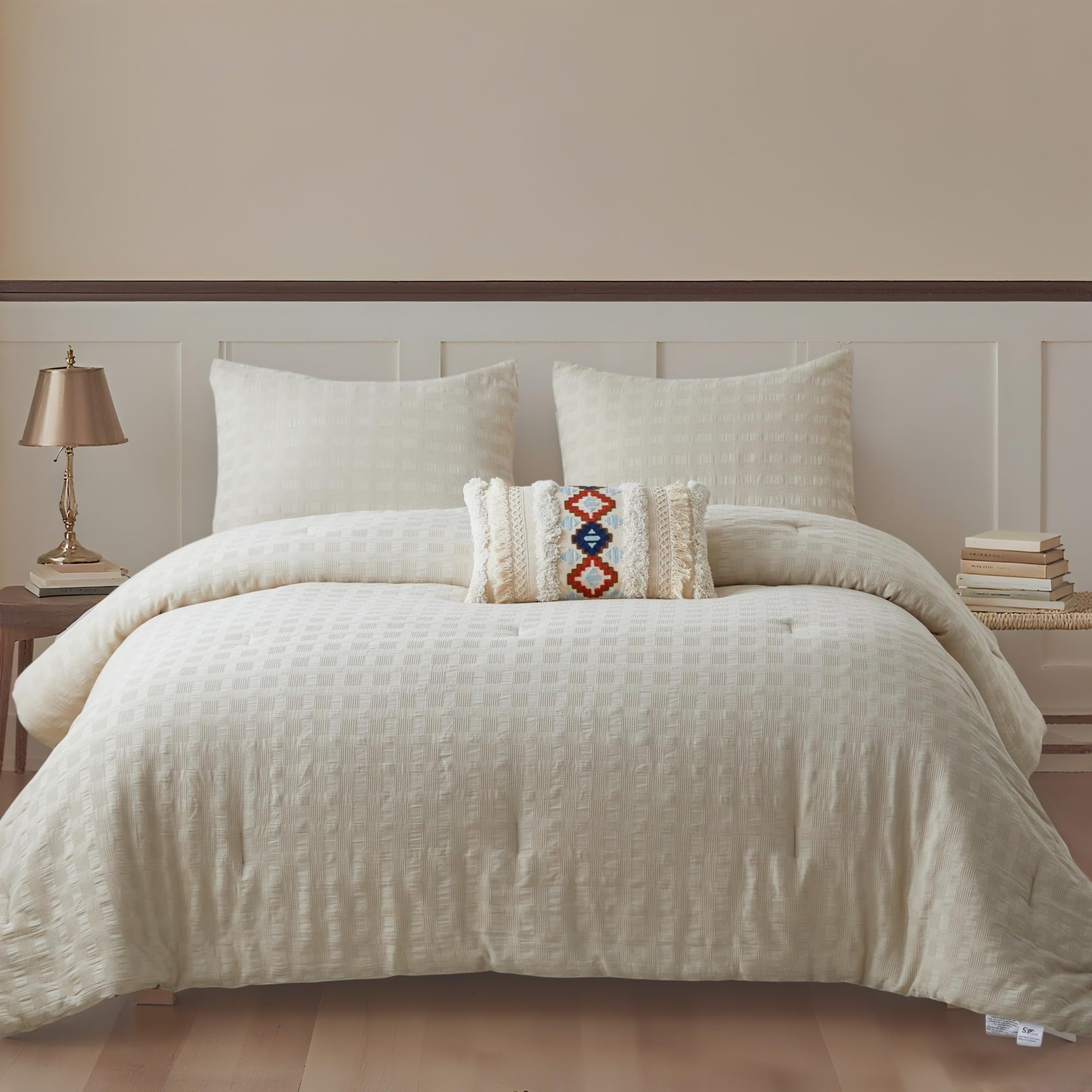 Simple&amp;Opulence 100% Cotton Waffle Weaving Comforter Set-3 Pieces Bedding Set(1 Comforter and 2 Pillowcases), Lightweight Soft Breathable Comforter Bed Sets for All Season(Khaki, King)
