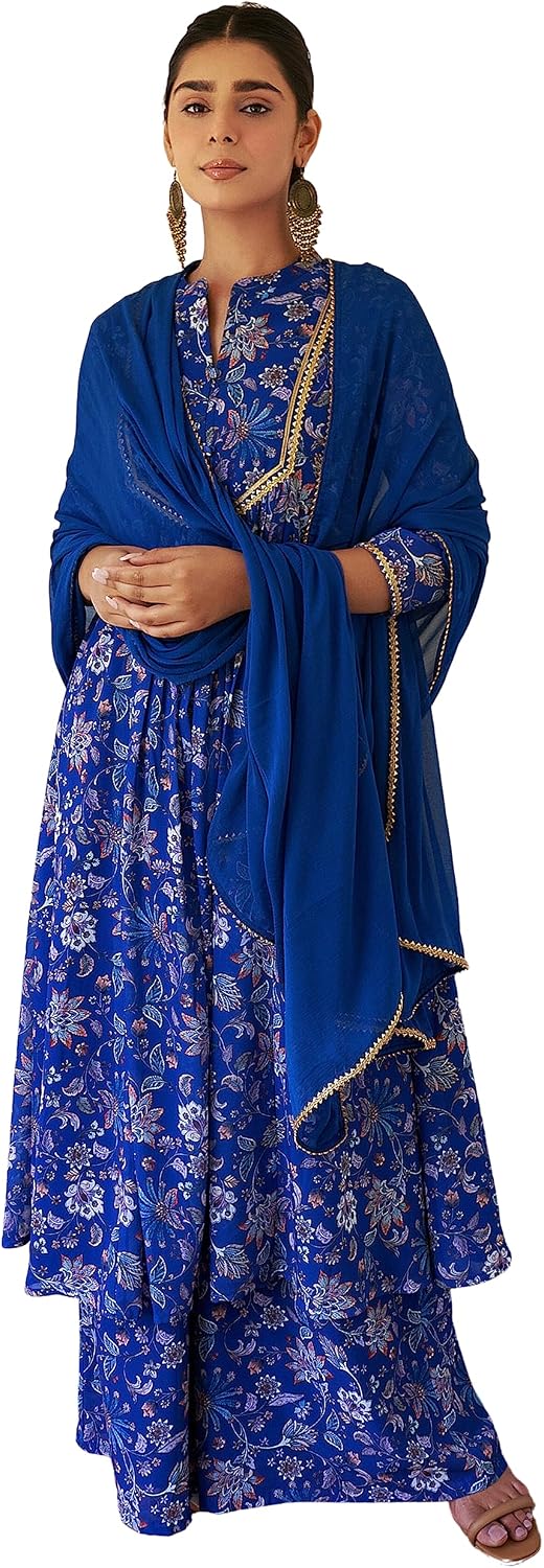 Janasya Women's Beige Georgette Floral Printed Kurta Set With Palazzo & Rust Dupatta