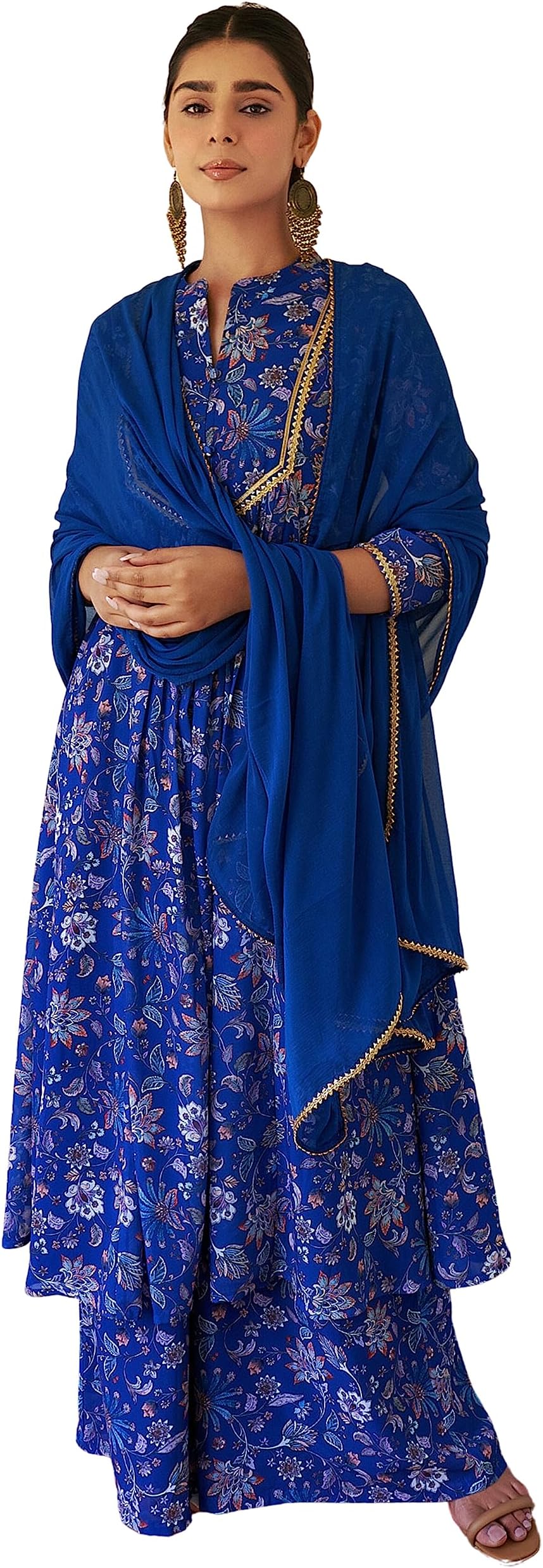 Indian Women's Flowy Floral Printed Kurta Kurti Top Tunic Festive Wedding Party wear Kurta with Pant and Dupatta