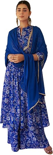 Janasya Women's Dark Teal Blue Georgette Digital Floral Printed Kurta with Palazzo and Dupatta