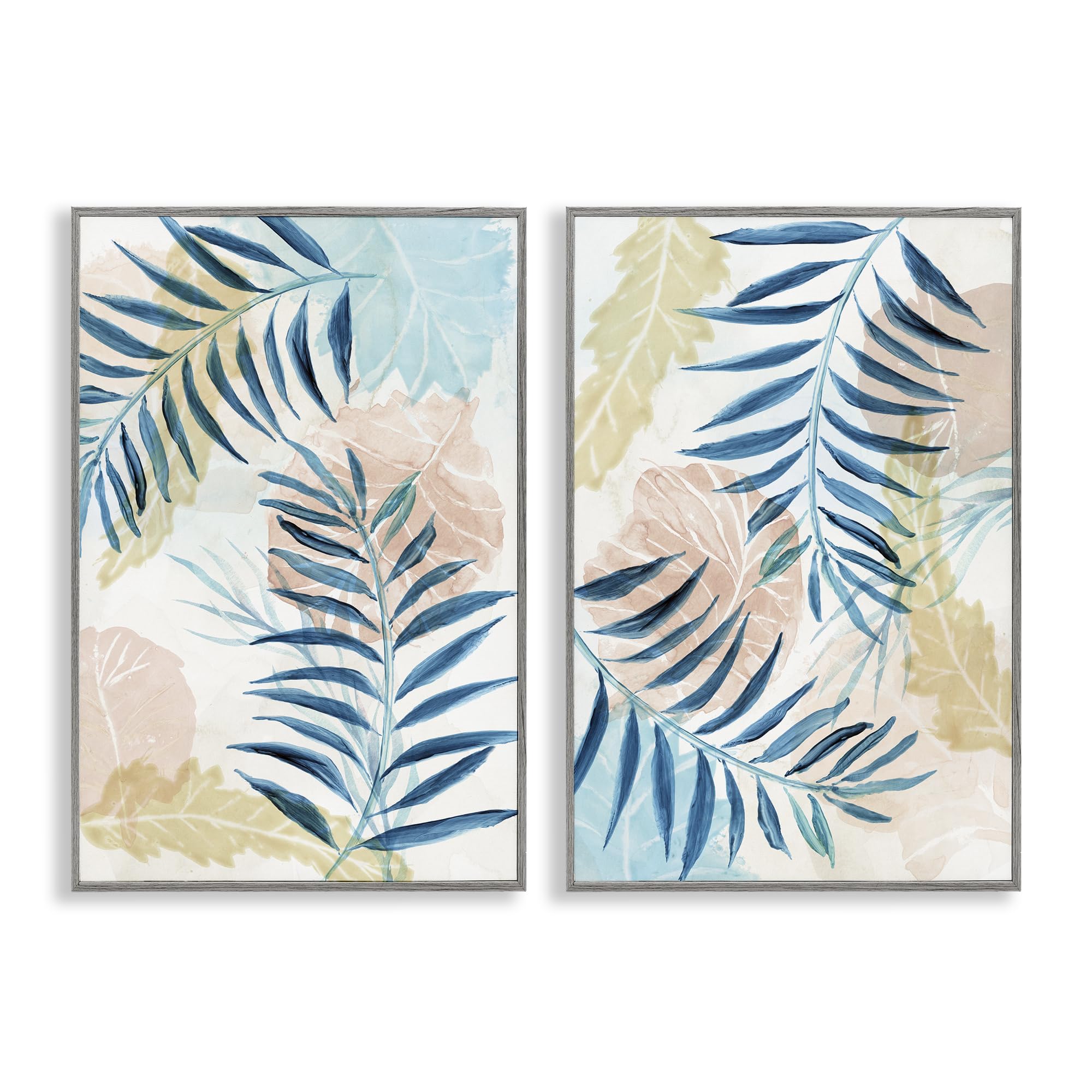 Stupell Industries 'Pastel & Blue Palm Fronds', 2pc Framed Giclee Art Set 2, Gray, 20 x 30 Inches, Easy to Hang and Sturdy, Made in USA, by Nan
