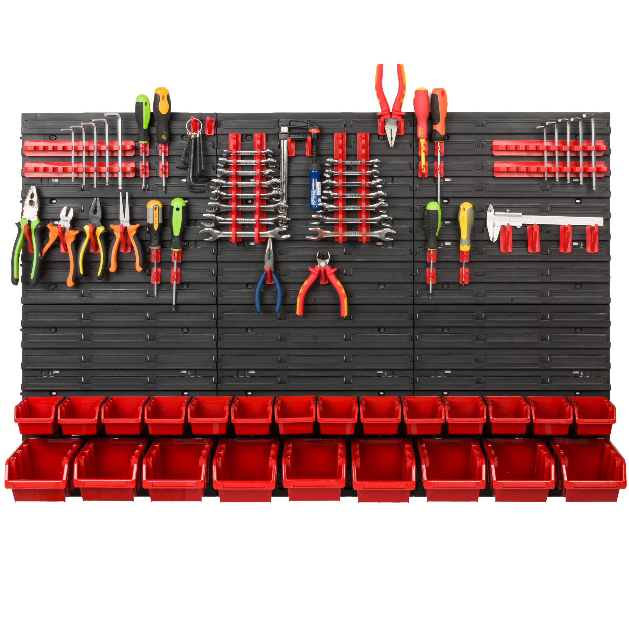 Scaffale da officina, 117 x 78 cm, 23 pezzi, con supporti per attrezzi e scatole impilabili, pannelli da parete, scaffali extra resistenti, per merci, garage, scaffali