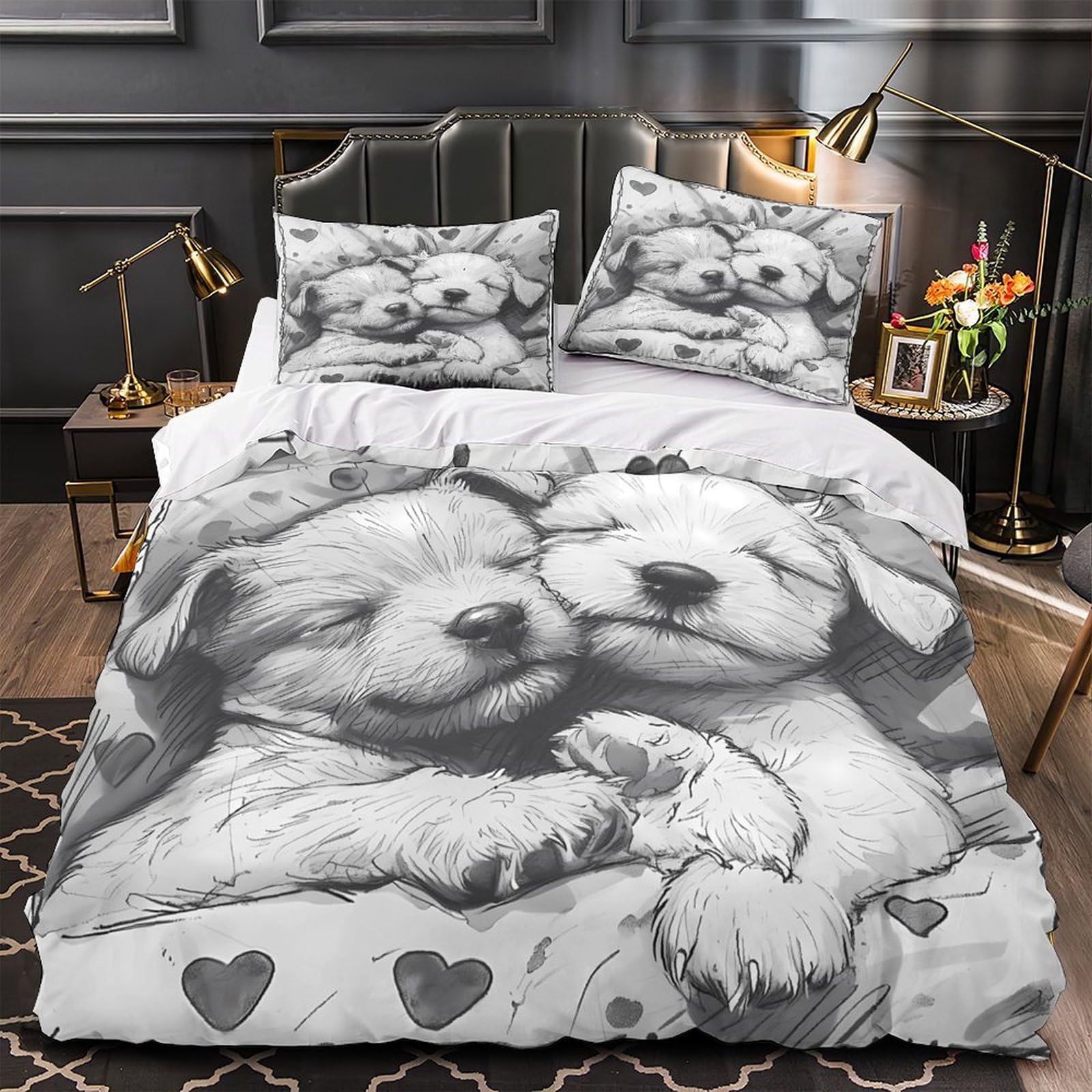 Parure de lit chiots mignons en microfibre pour lit simple