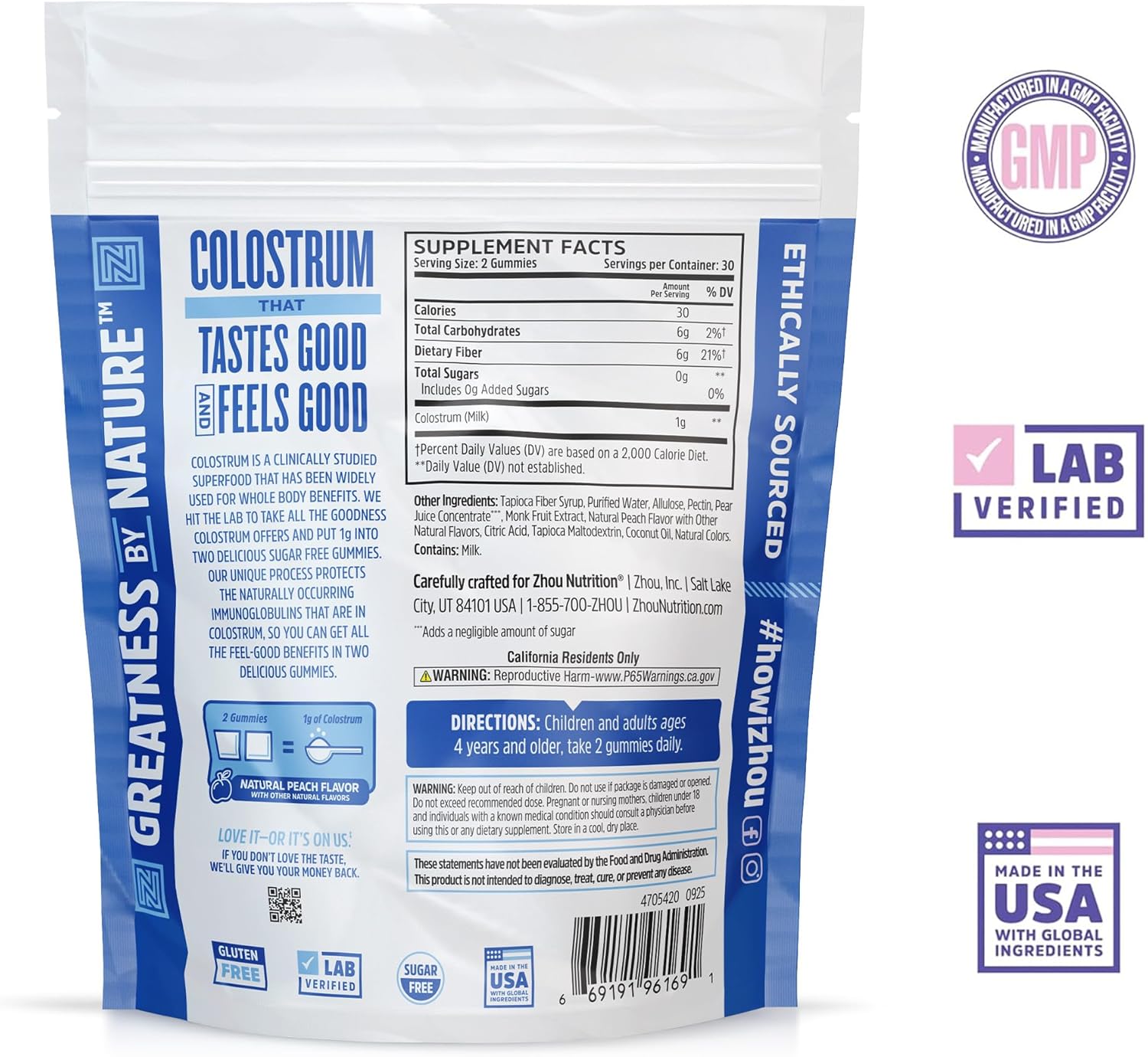 Zhou Colostrum Gummies, Bovine Colostrum Supplement, Natural Raspberry Flavor, 250mg Immunoglobulins, Sugar Free, Gluten Free, No Added Growth Hormone, 30 Servings, 60 Gummies - Image 2