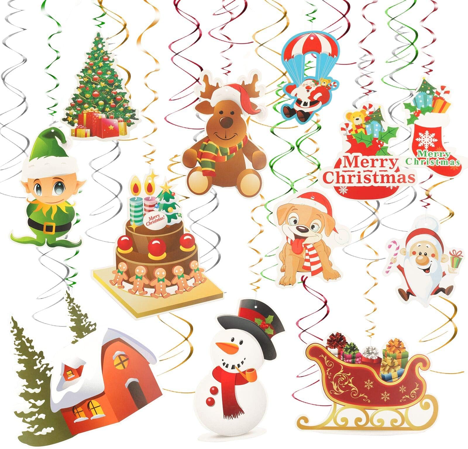 TAZEMAT 33pcs Christmas Hanging Decorations Home Ceiling Swirl Decor Xmas Parties Supplies Spiral Streamers Embellishment Christmas Tree Santa Claus Snowflake Snowman Pendant Ornaments