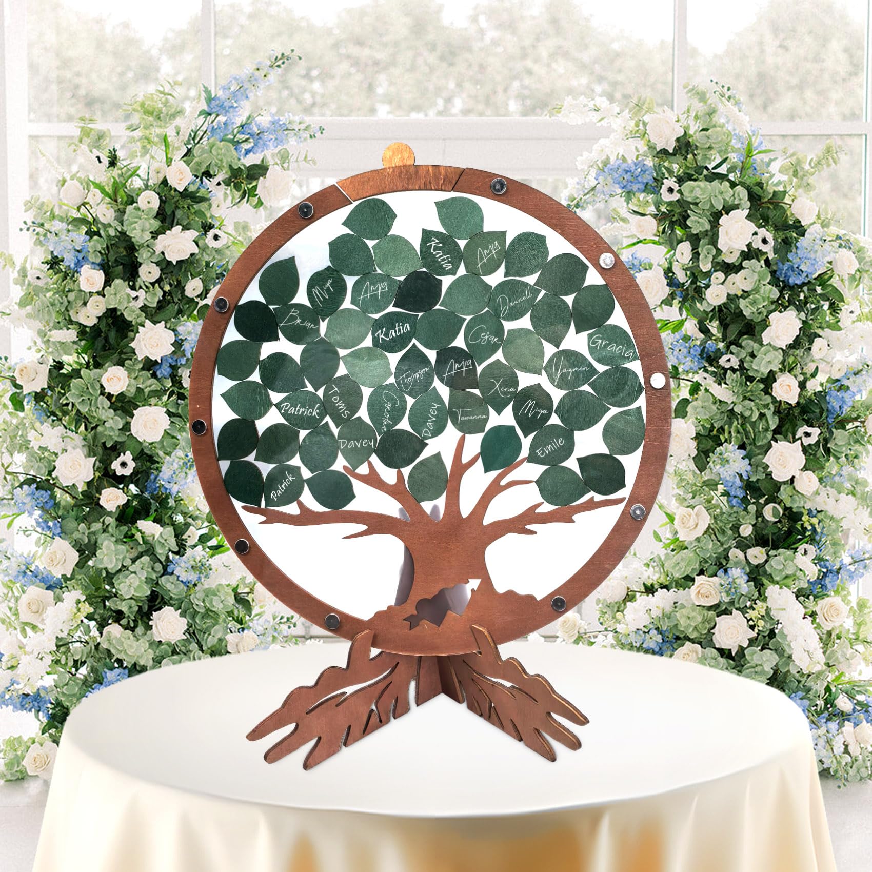 PAMBO Wedding Guest Book Alternative with 55 Green Leaves,Rustic Wooden Family Signing Tree Guest Book - 12