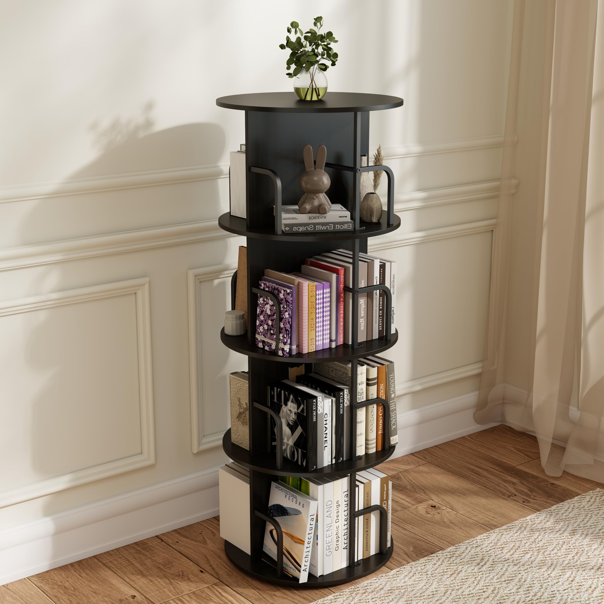 Manora 5 Tier Rotating Bookshelf, 360 ° Display Stackable Spinning Bookshelf Tower (Black, Round 5-Tier)