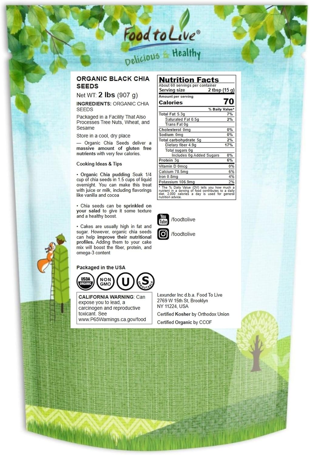 Food to Live - Organic Black Chia Seeds, 2 Pounds - Non-GMO, Whole, Sproutable, Vegan, Kosher, Keto, Sirtfood, Bulk image 2
