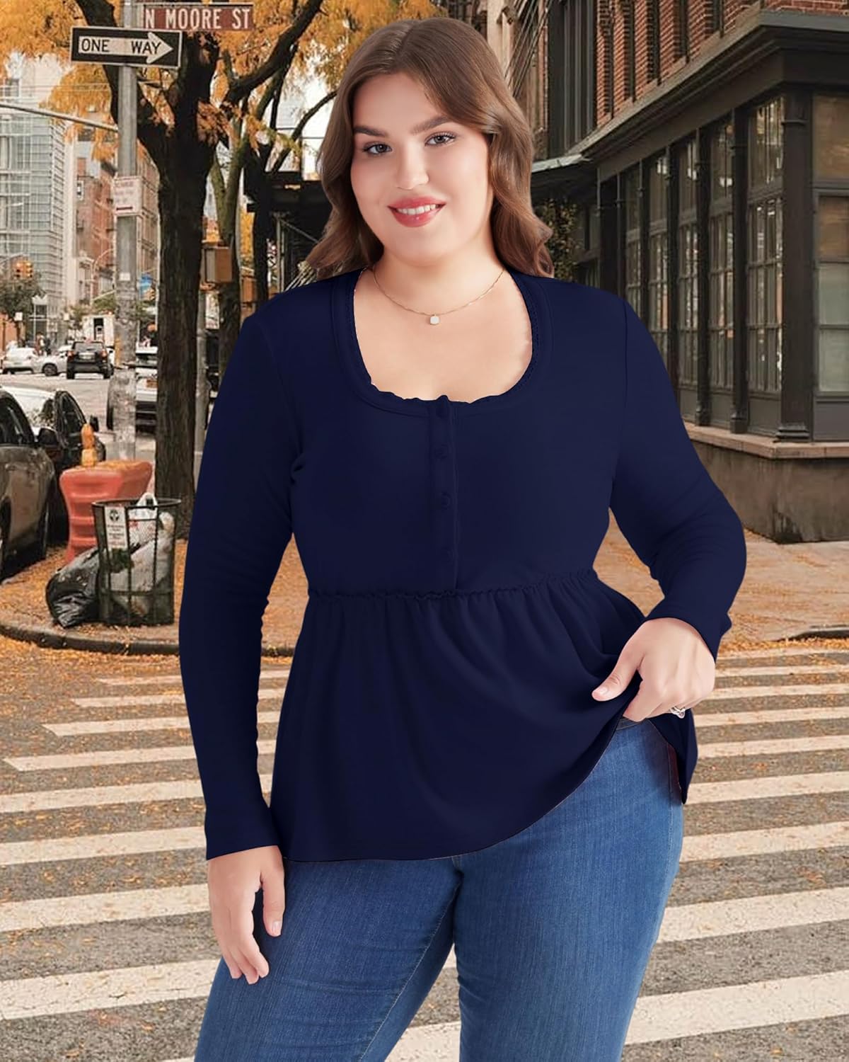 women's plus size babydoll tops long sleeve henley shirts cute square neck peplum top button casual swing flowy blouses navy blue xx-large plus