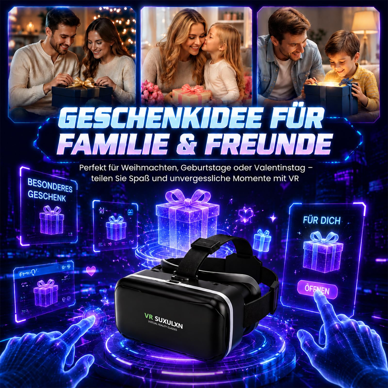 VR Brille Handy, Anfänger 3D Virtual Reality Headset für iPhone & Android 4,7-6,8 Zoll, HD Anti-Blaulicht-Linsen, IPD/Objektabstand einstellbar, ergonomisch für Spiele Filme Kinder 8-16 Jahre